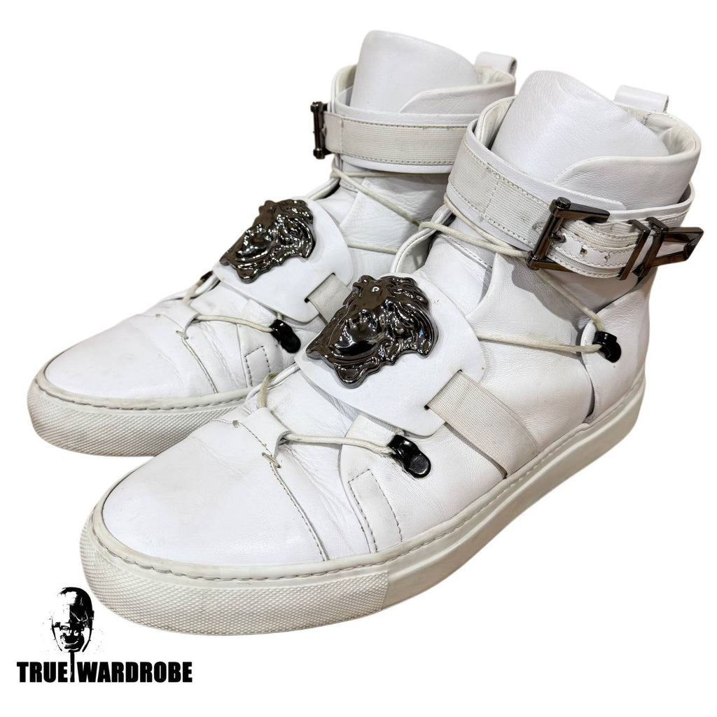 2015 Versace Palazzo Medusa Buckle Strap High Top White Leather Sneakers