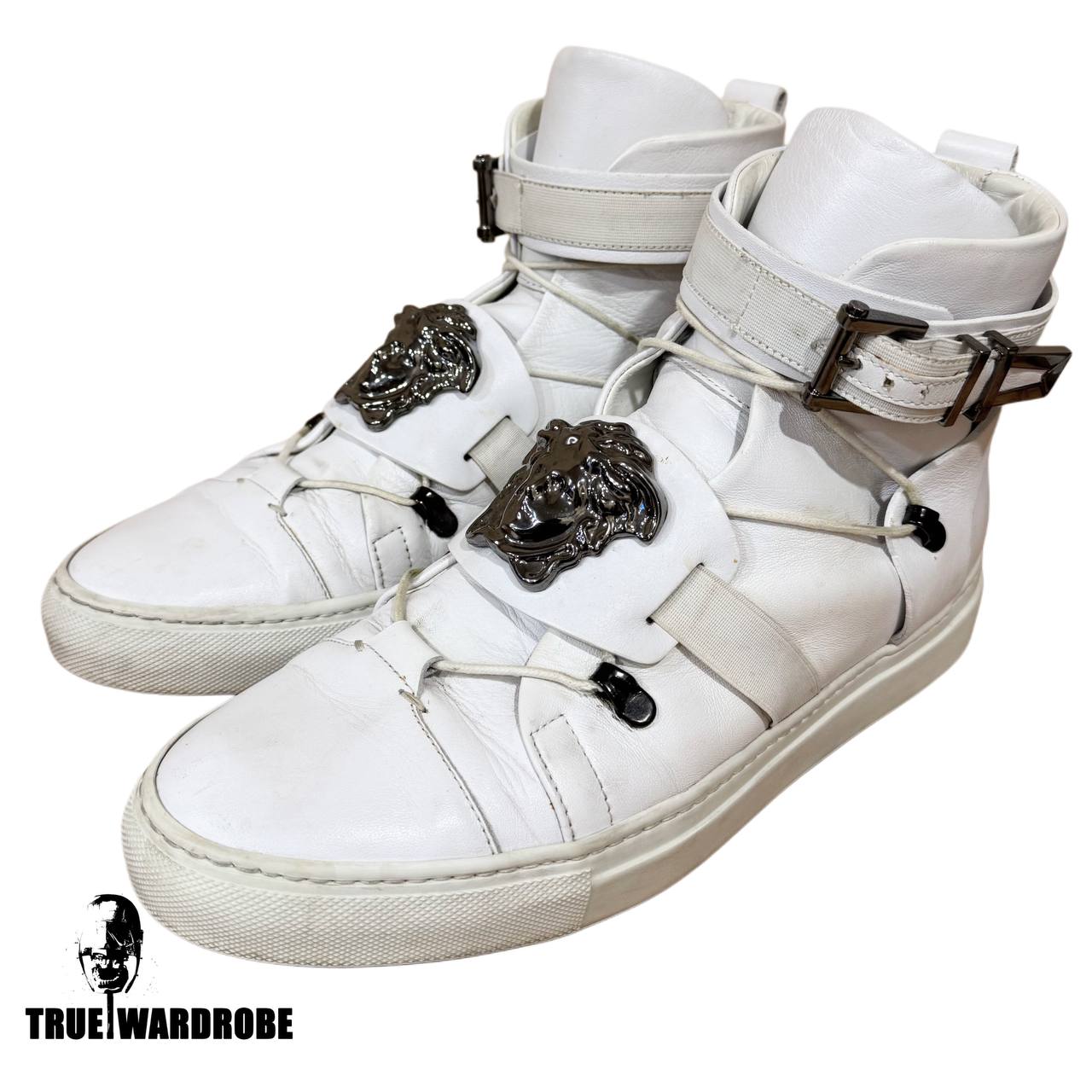 2015 Versace Palazzo Medusa Buckle Strap High Top White Leather Sneakers