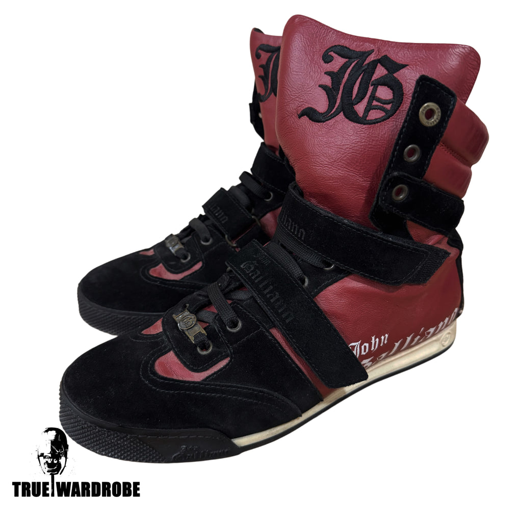 John Galliano Double Strap High Top Burgundy/Black Logo Sneakers