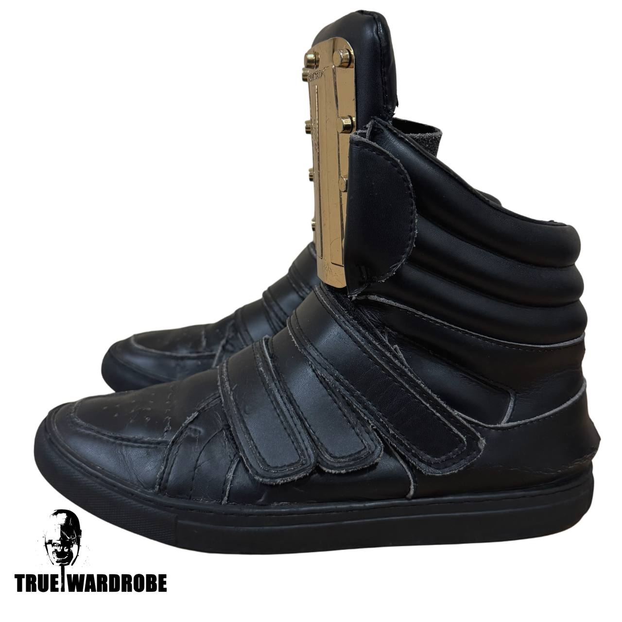 SS13 RUNWAY Dsquared2 Metal Mirror Plate Strap High Top Black Leather Sneakers