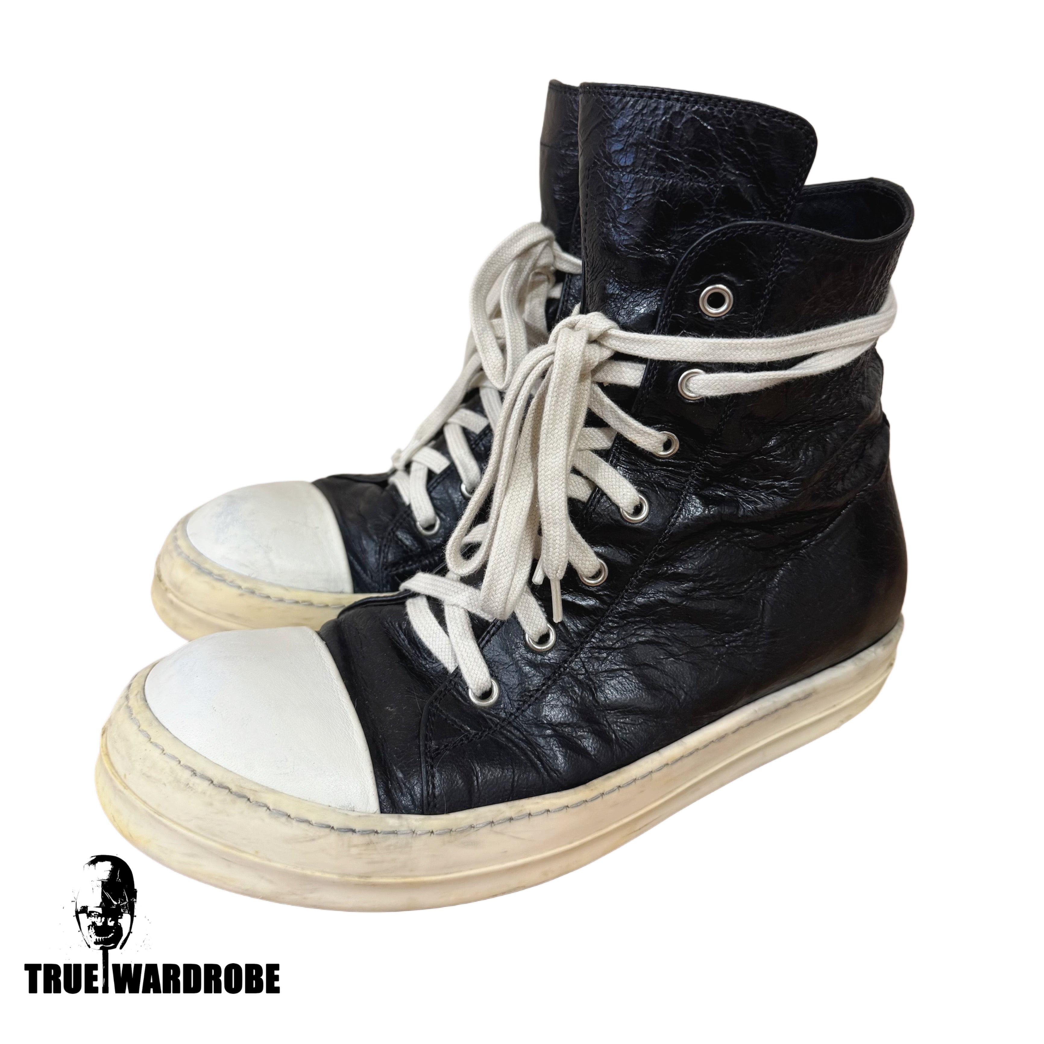 2017 Rick Owens Mainline High Top Wrinkled Textured Black Leather