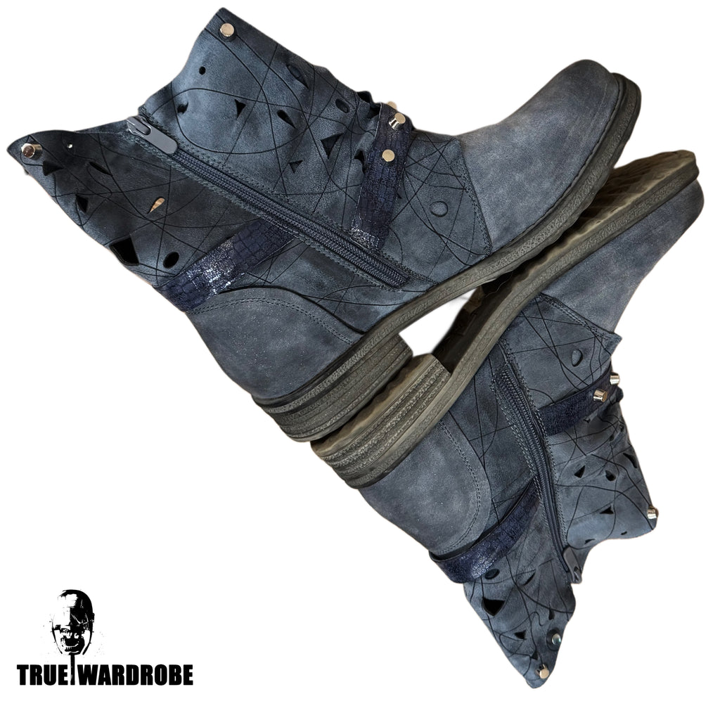 A.S.98 Type Western Studded Suede Leather Navy CowBoy Boots