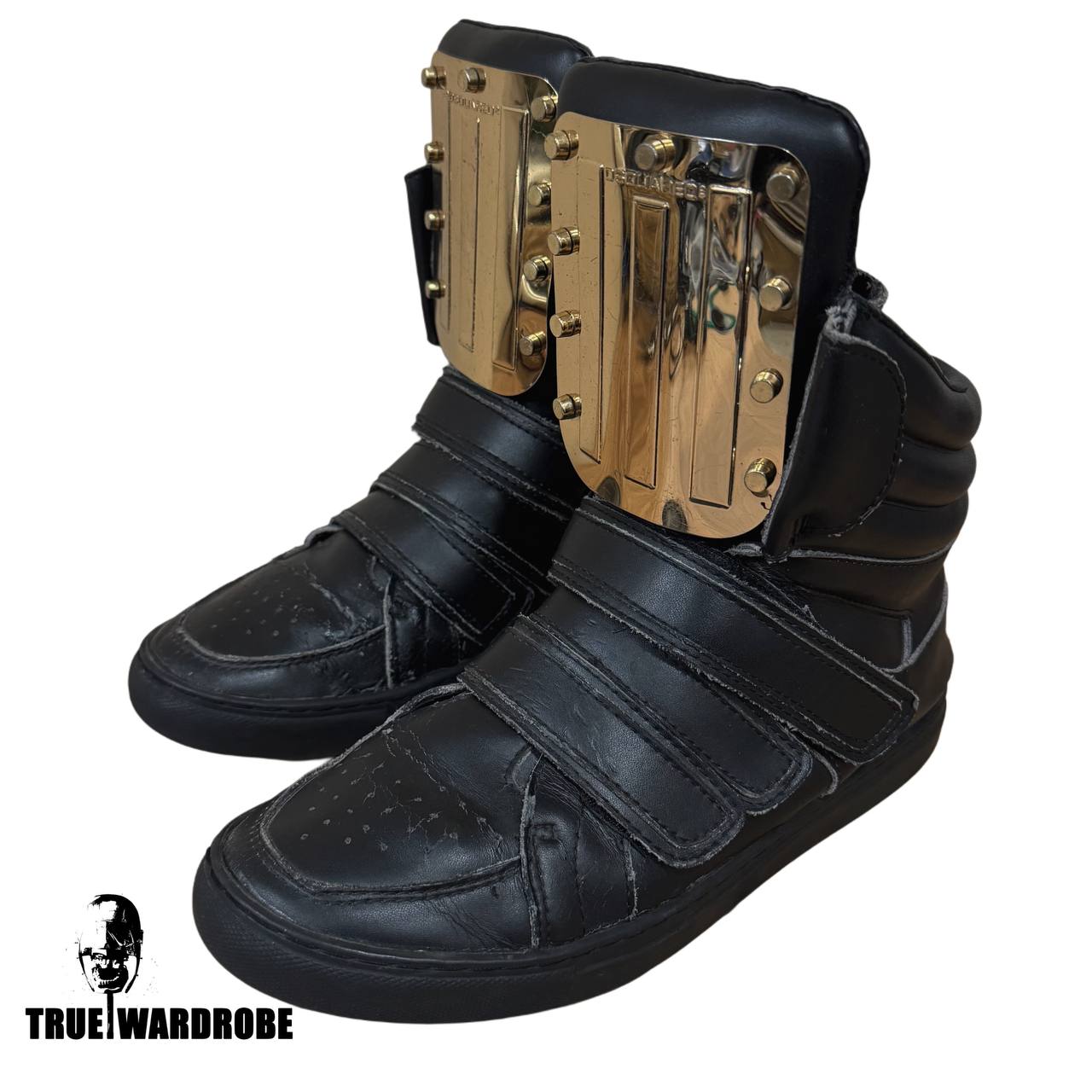 SS13 RUNWAY Dsquared2 Metal Mirror Plate Strap High Top Black Leather Sneakers