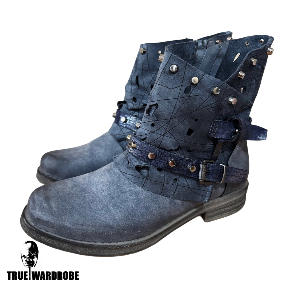 A.S.98 Type Western Studded Suede Leather Navy CowBoy Boots