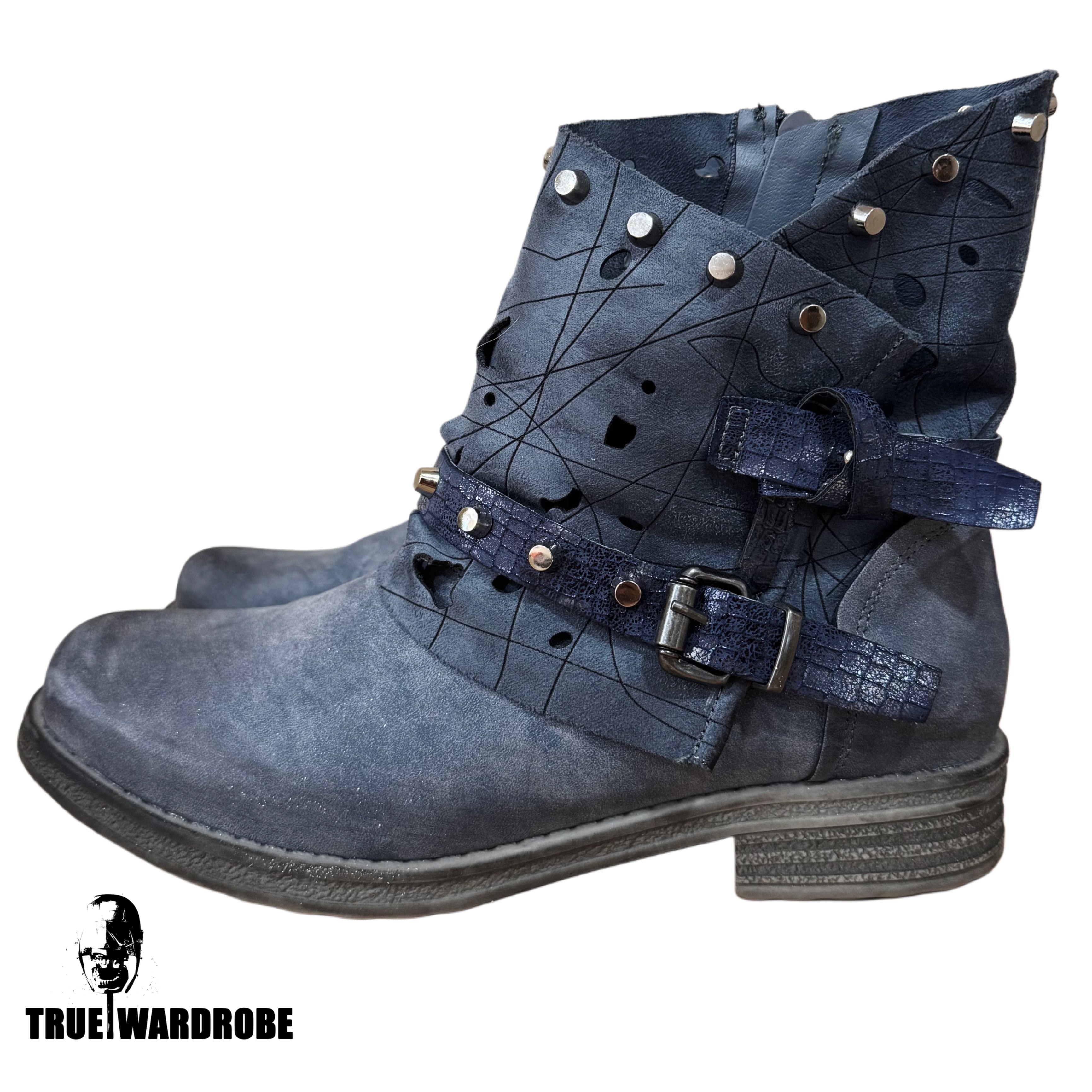 A.S.98 Type Western Studded Suede Leather Navy CowBoy Boots