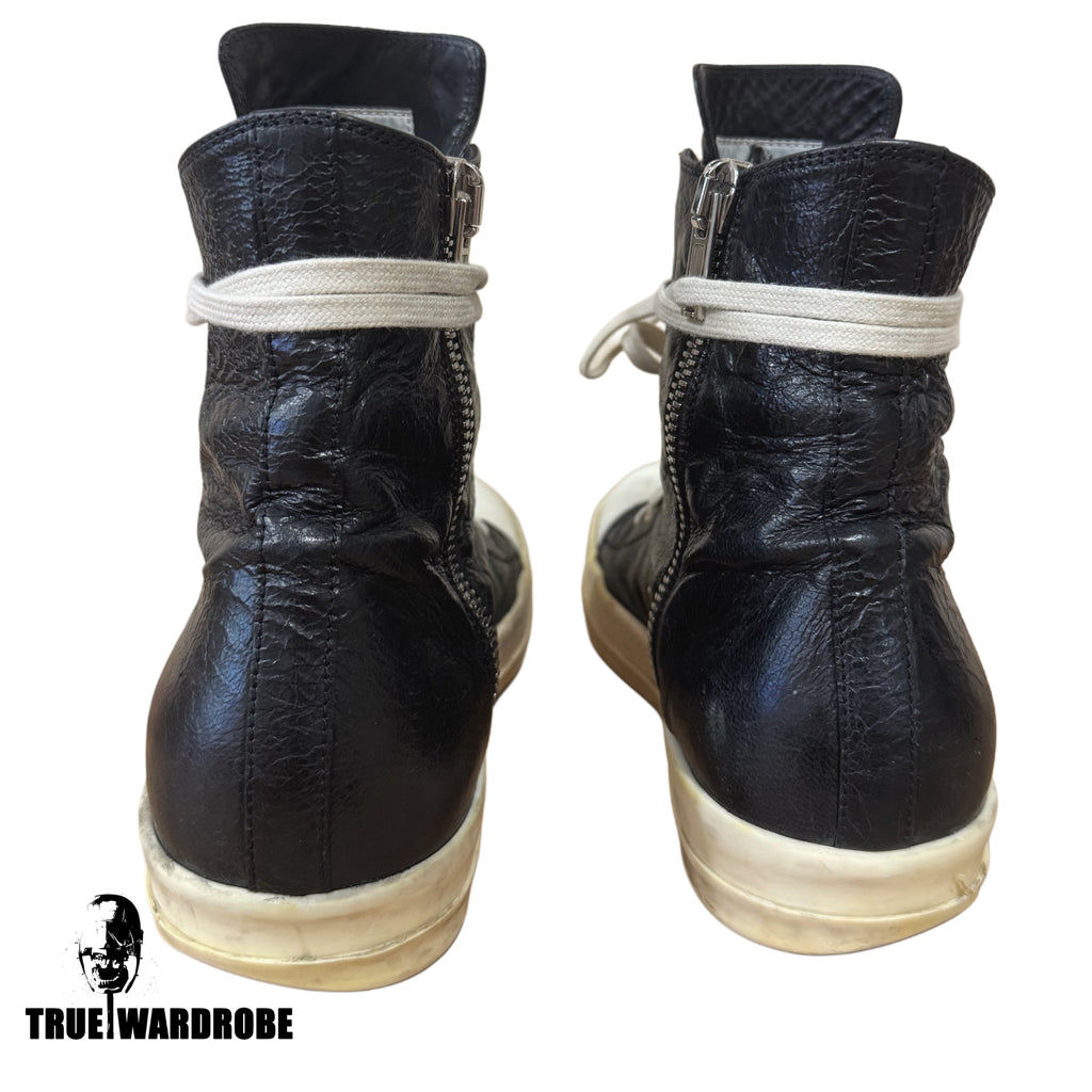 2017 Rick Owens Mainline High Top Wrinkled Textured Black Leather