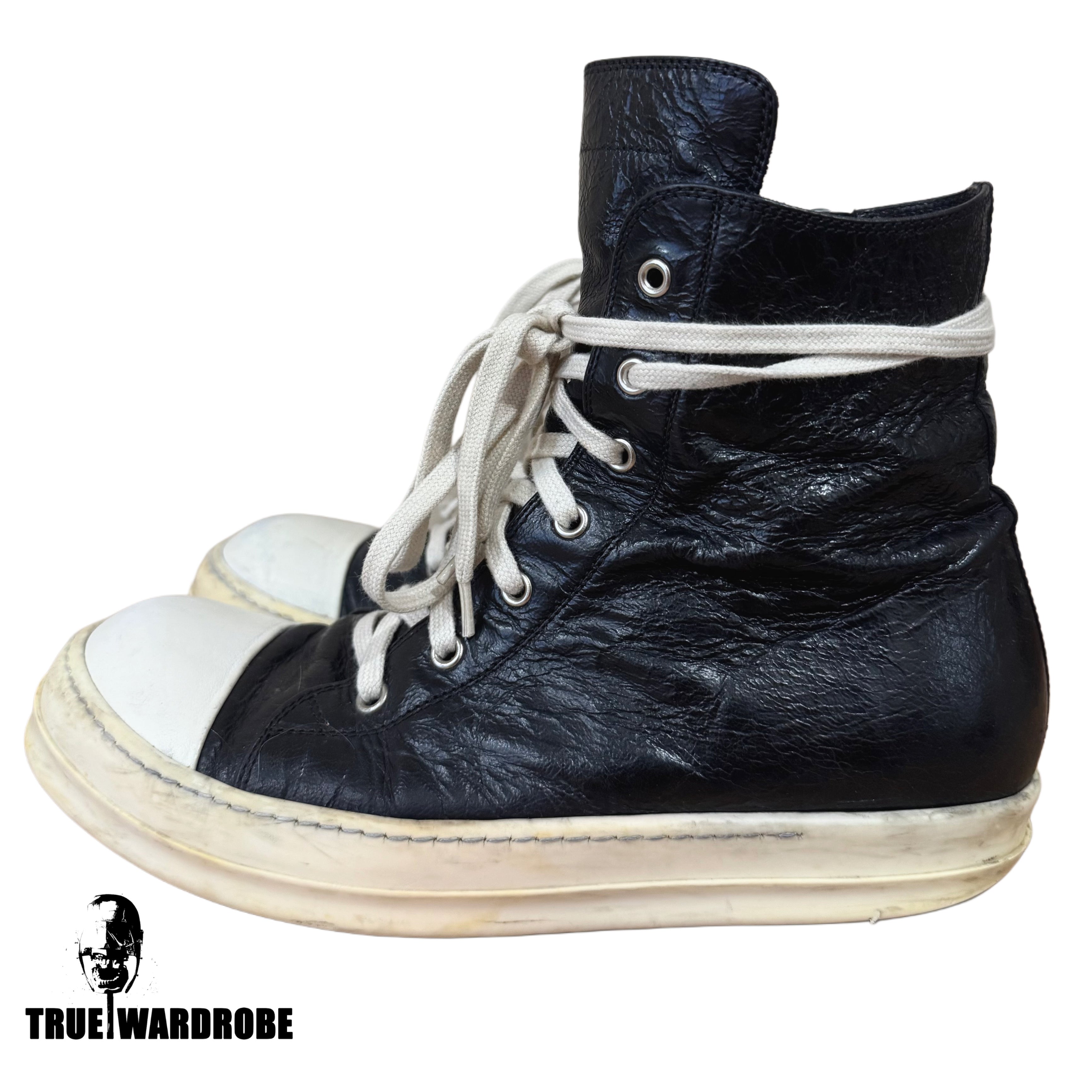 2017 Rick Owens Mainline High Top Wrinkled Textured Black Leather