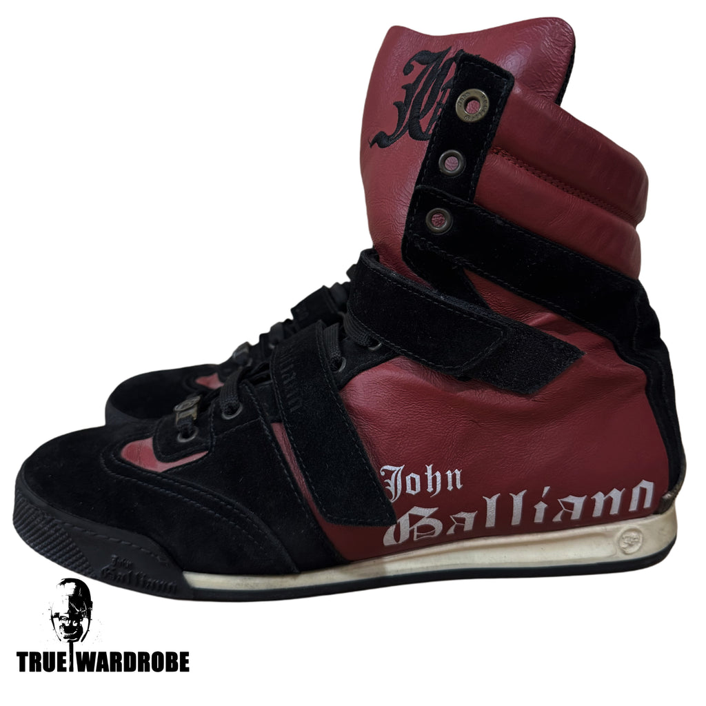 John Galliano Double Strap High Top Burgundy/Black Logo Sneakers