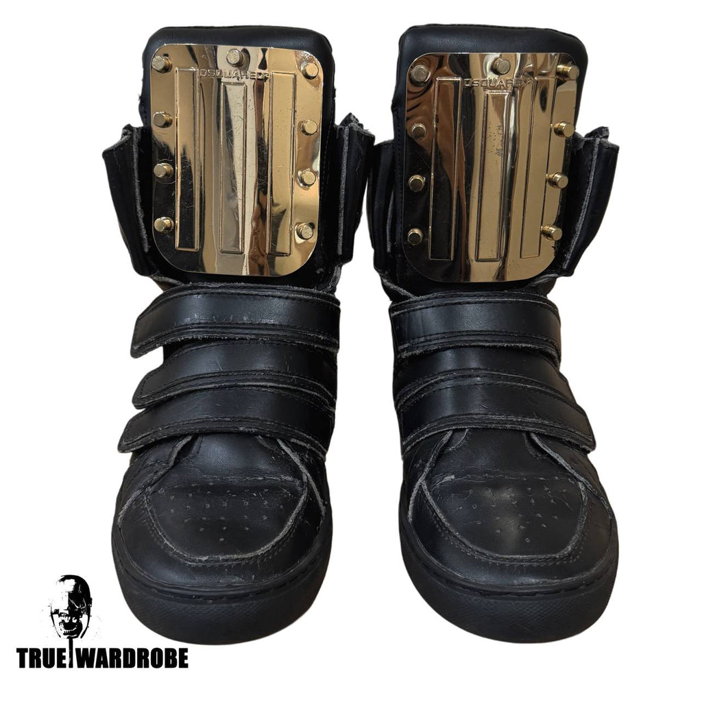 SS13 RUNWAY Dsquared2 Metal Mirror Plate Strap High Top Black Leather Sneakers