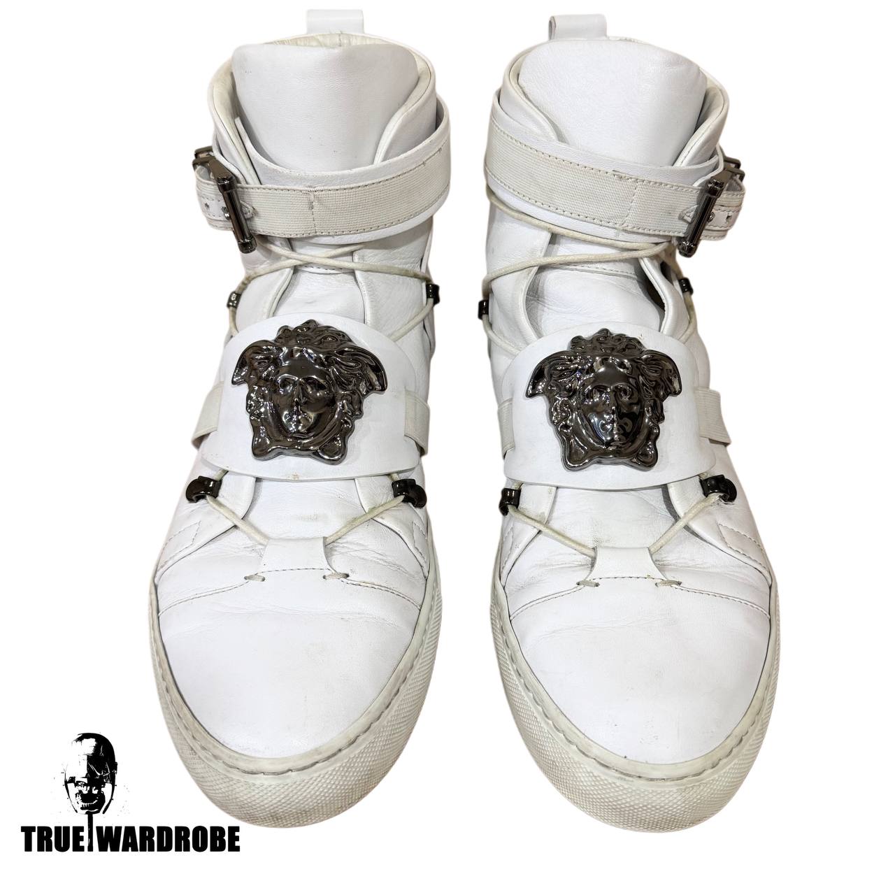 2015 Versace Palazzo Medusa Buckle Strap High Top White Leather Sneakers