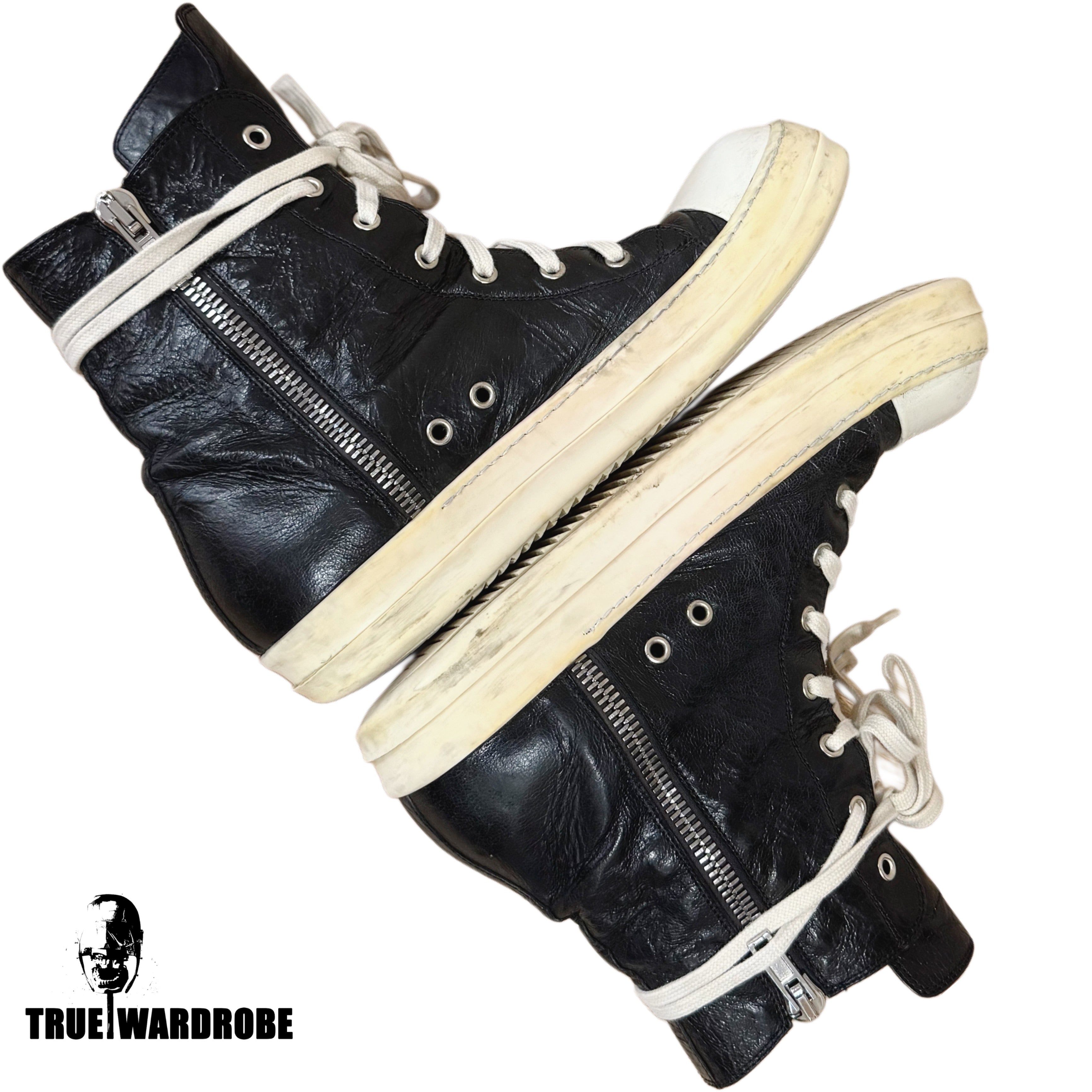 2017 Rick Owens Mainline High Top Wrinkled Textured Black Leather