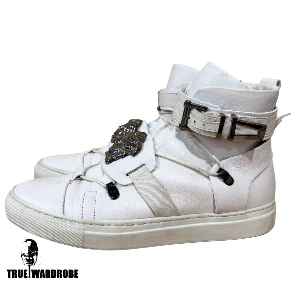 2015 Versace Palazzo Medusa Buckle Strap High Top White Leather Sneakers