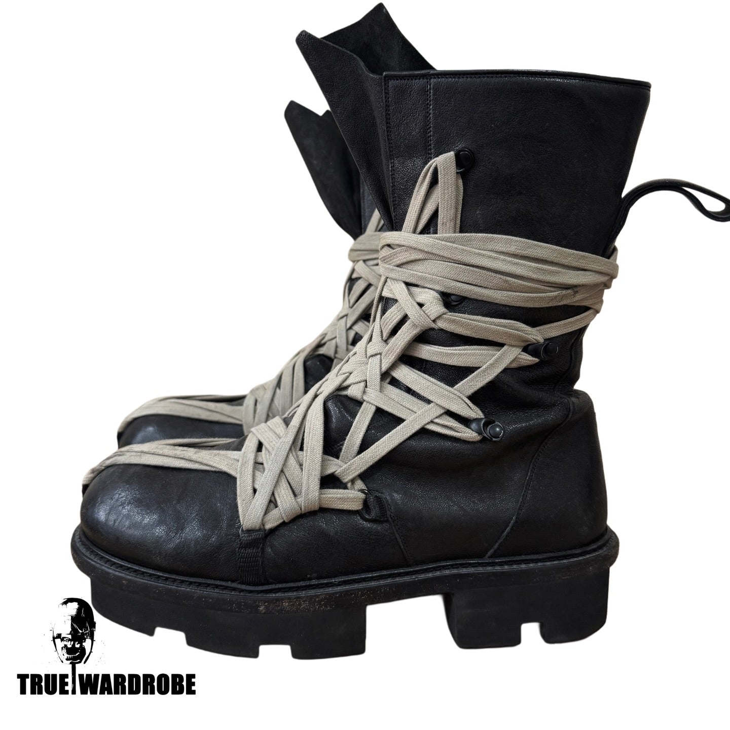 SS20 Rick Owens Megatooth Megalace Army Black Leather Boots