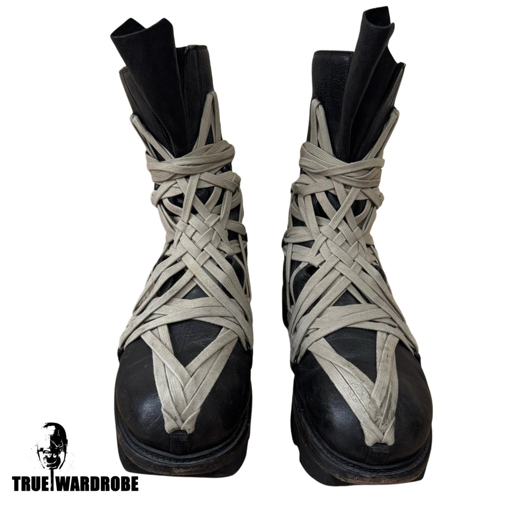 SS20 Rick Owens Megatooth Megalace Army Black Leather Boots