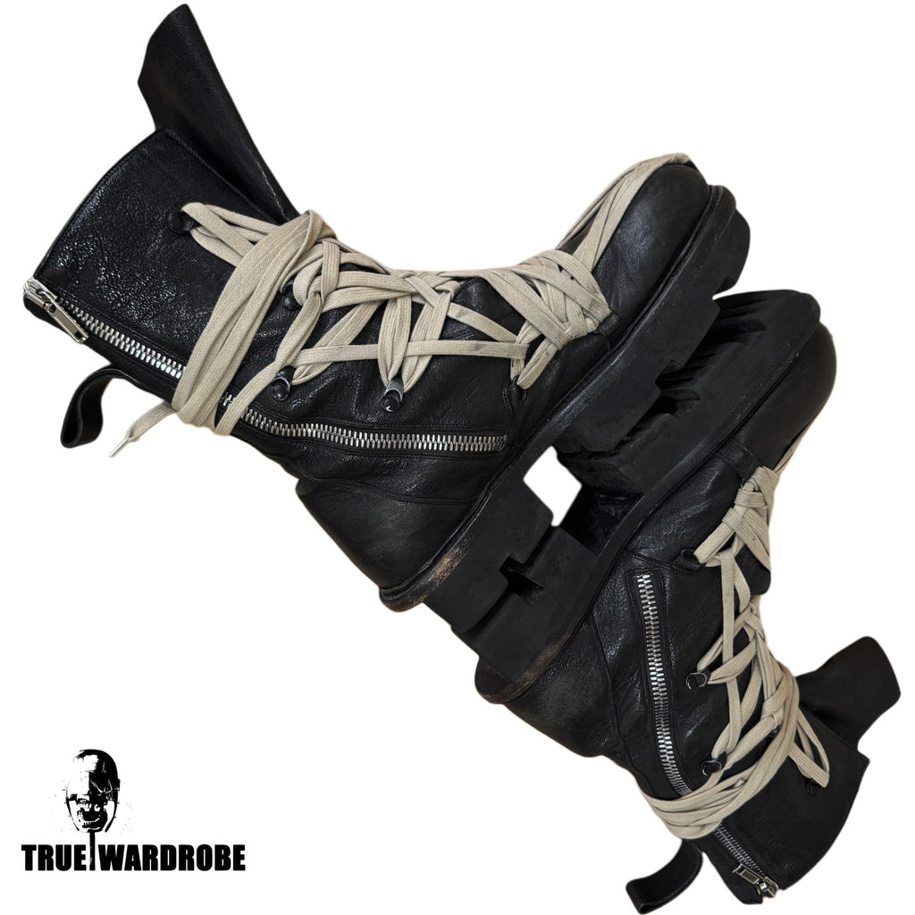 SS20 Rick Owens Megatooth Megalace Army Black Leather Boots