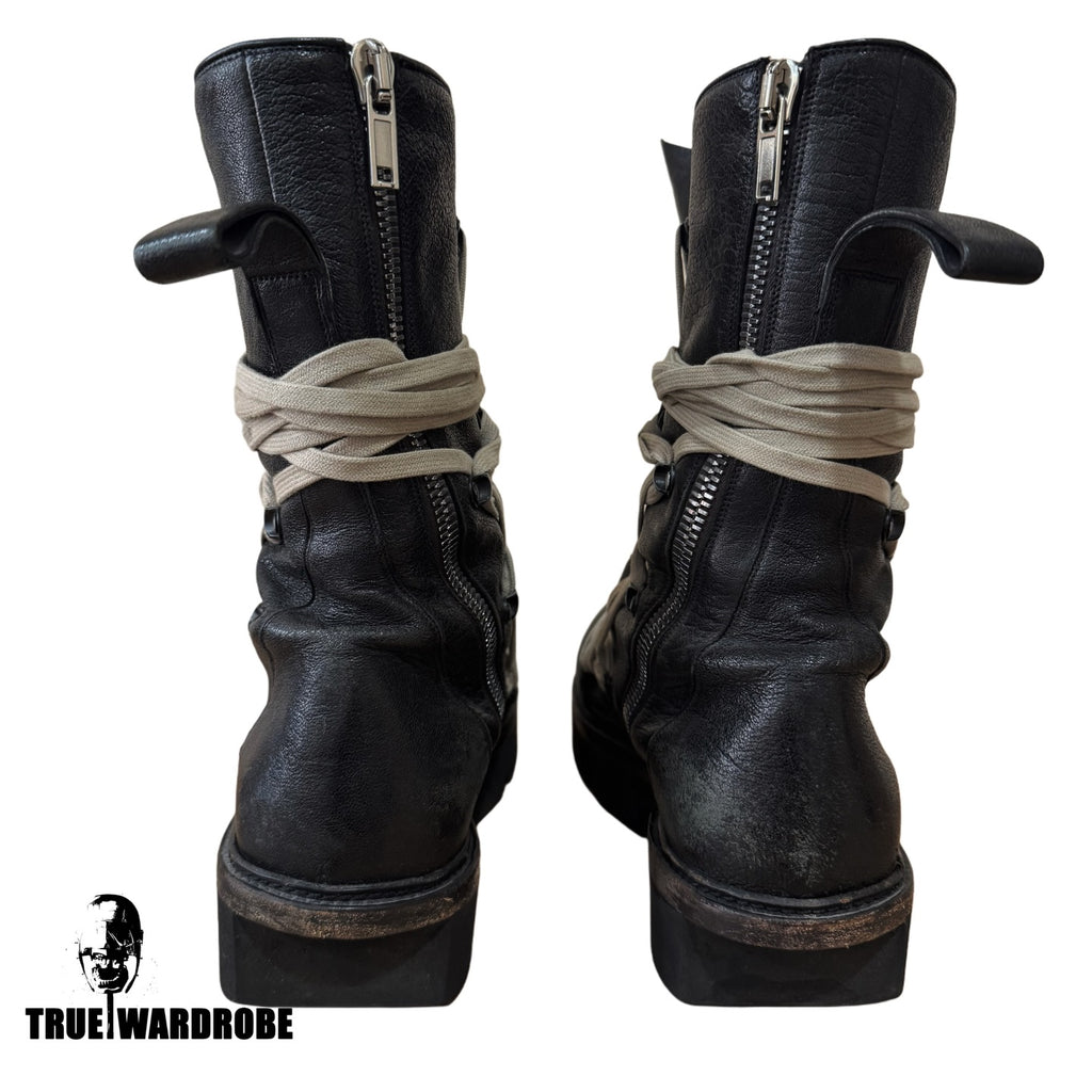 SS20 Rick Owens Megatooth Megalace Army Black Leather Boots