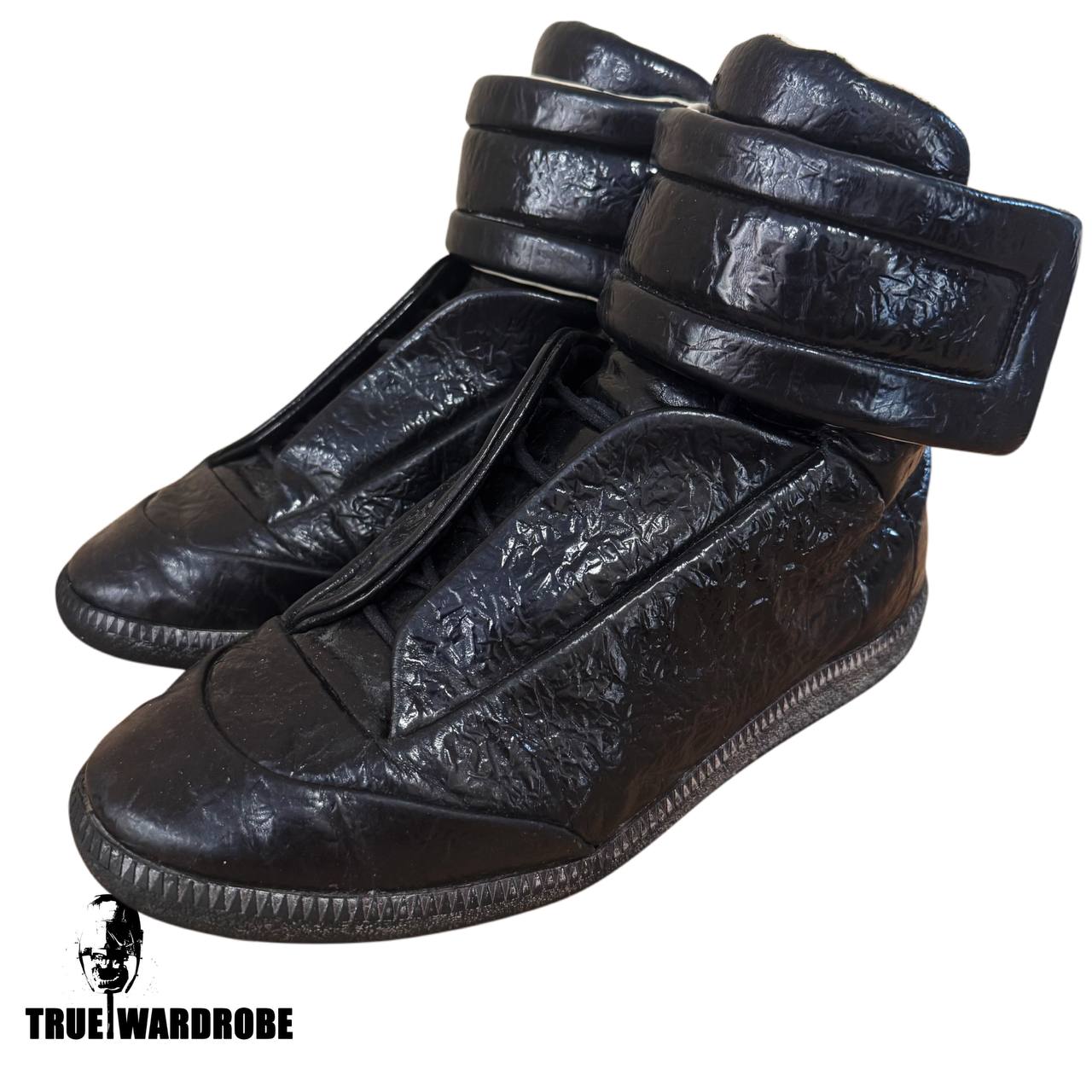 Maison Margiela Future High Wrinkled Cracked Blistered Black Leather Sneakers
