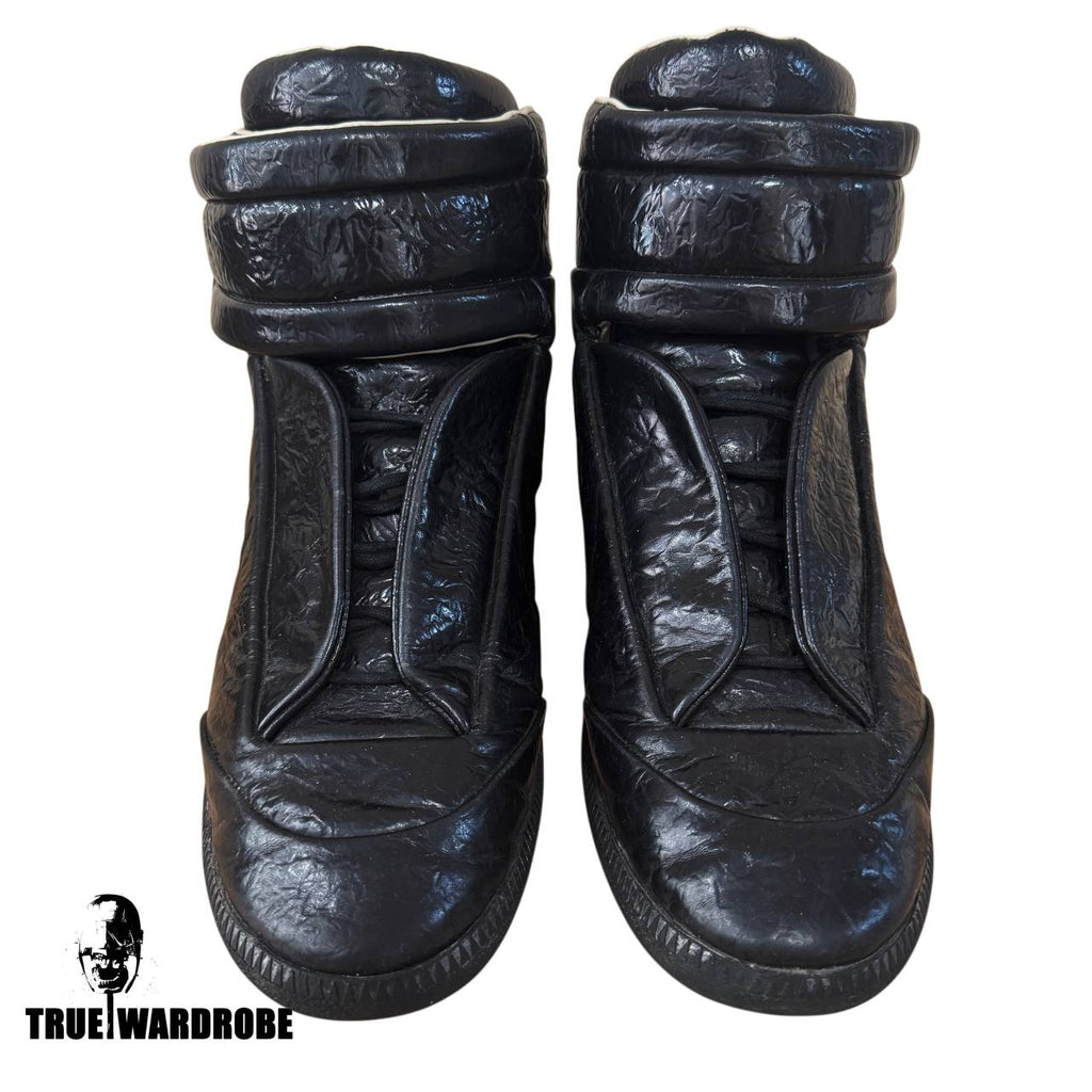 Maison Margiela Future High Wrinkled Cracked Blistered Black Leather Sneakers