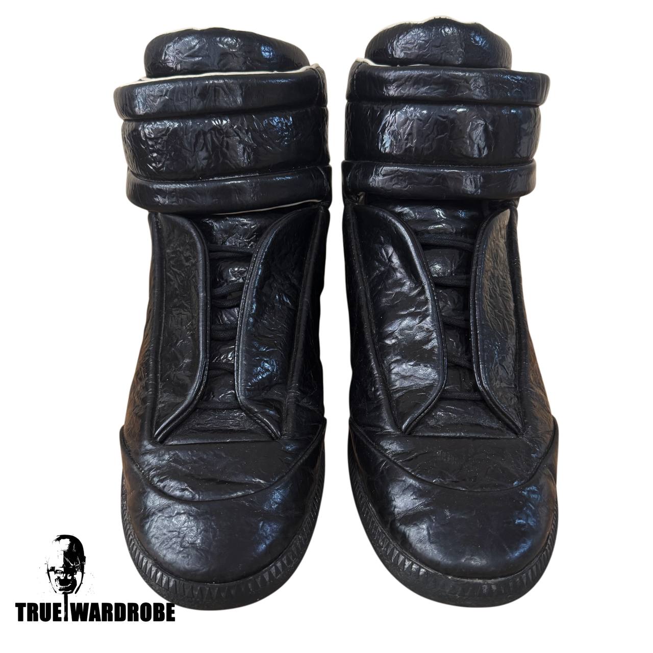 Maison Margiela Future High Wrinkled Cracked Blistered Black Leather Sneakers