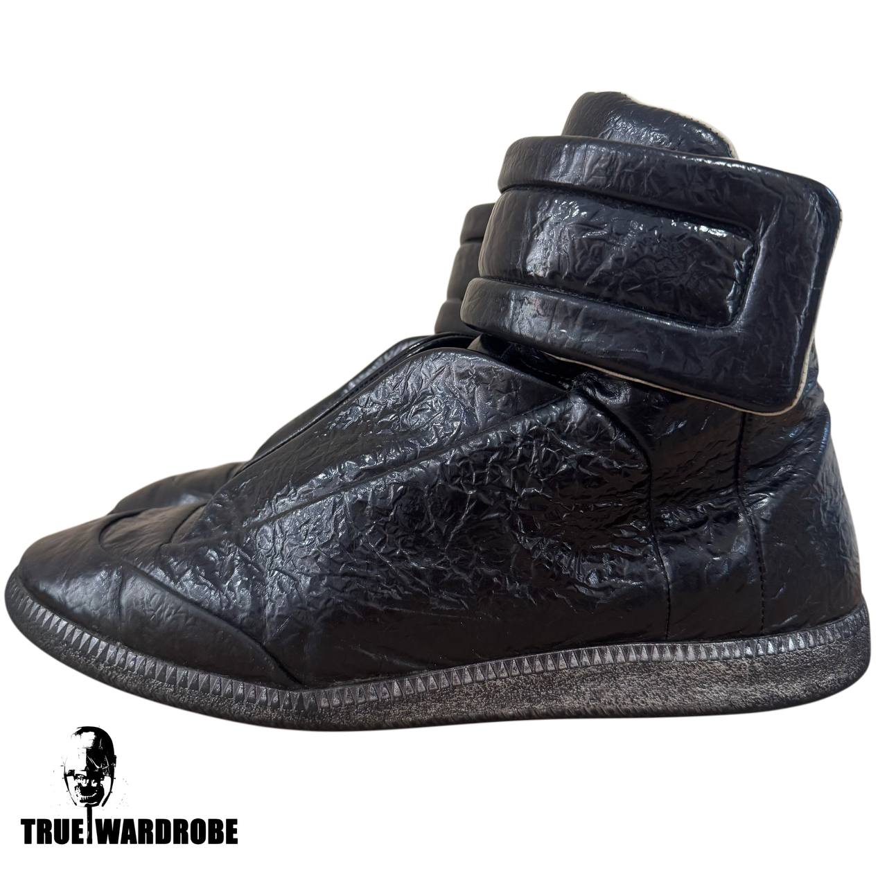 Maison Margiela Future High Wrinkled Cracked Blistered Black Leather Sneakers