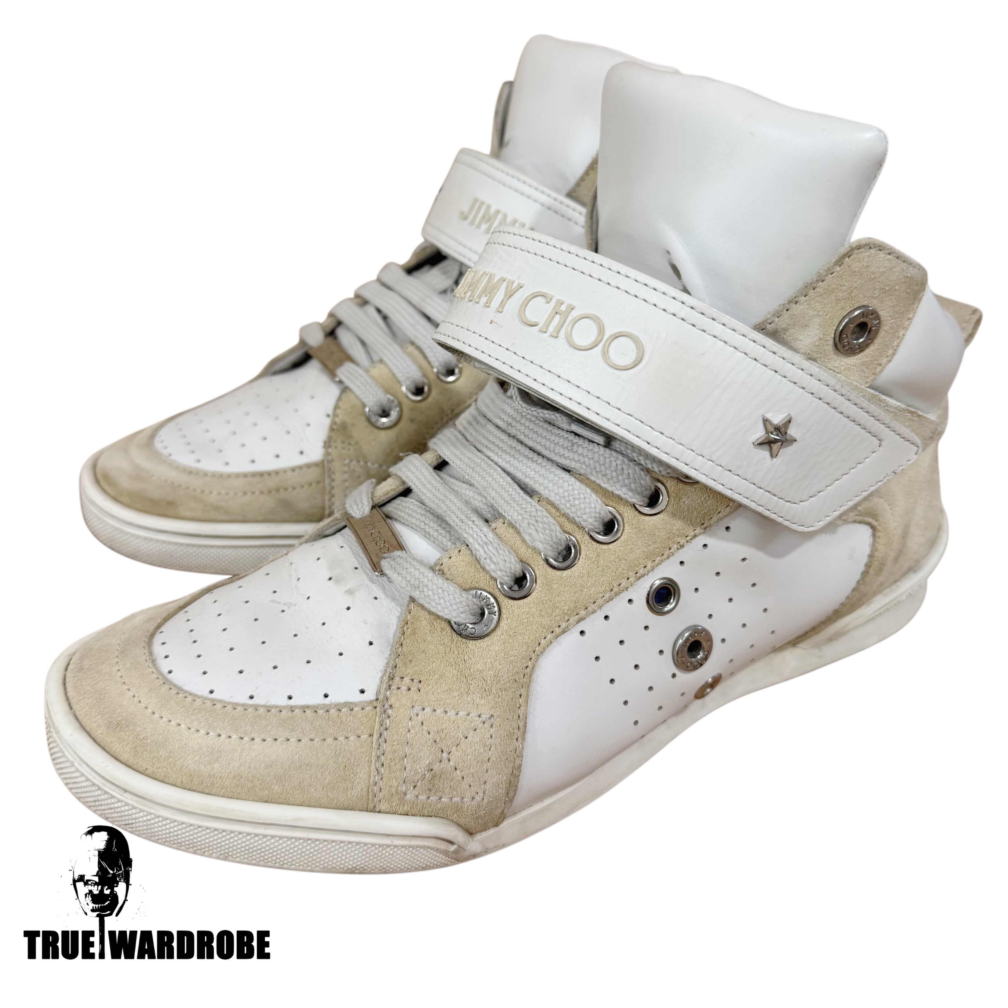 Jimmy Choo Lewis Studded Strap High Top White Leather Sneakers
