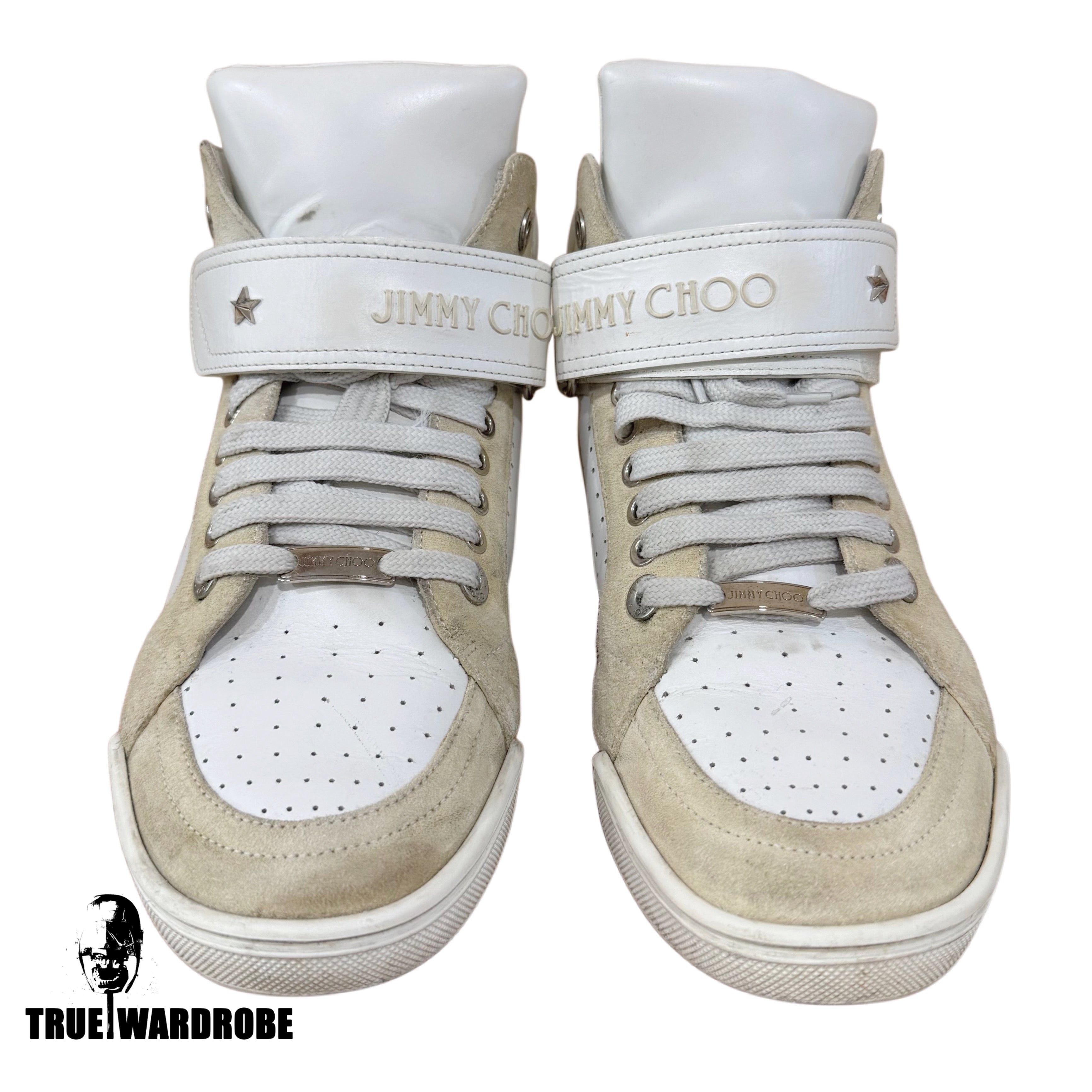 Jimmy Choo Lewis Studded Strap High Top White Leather Sneakers