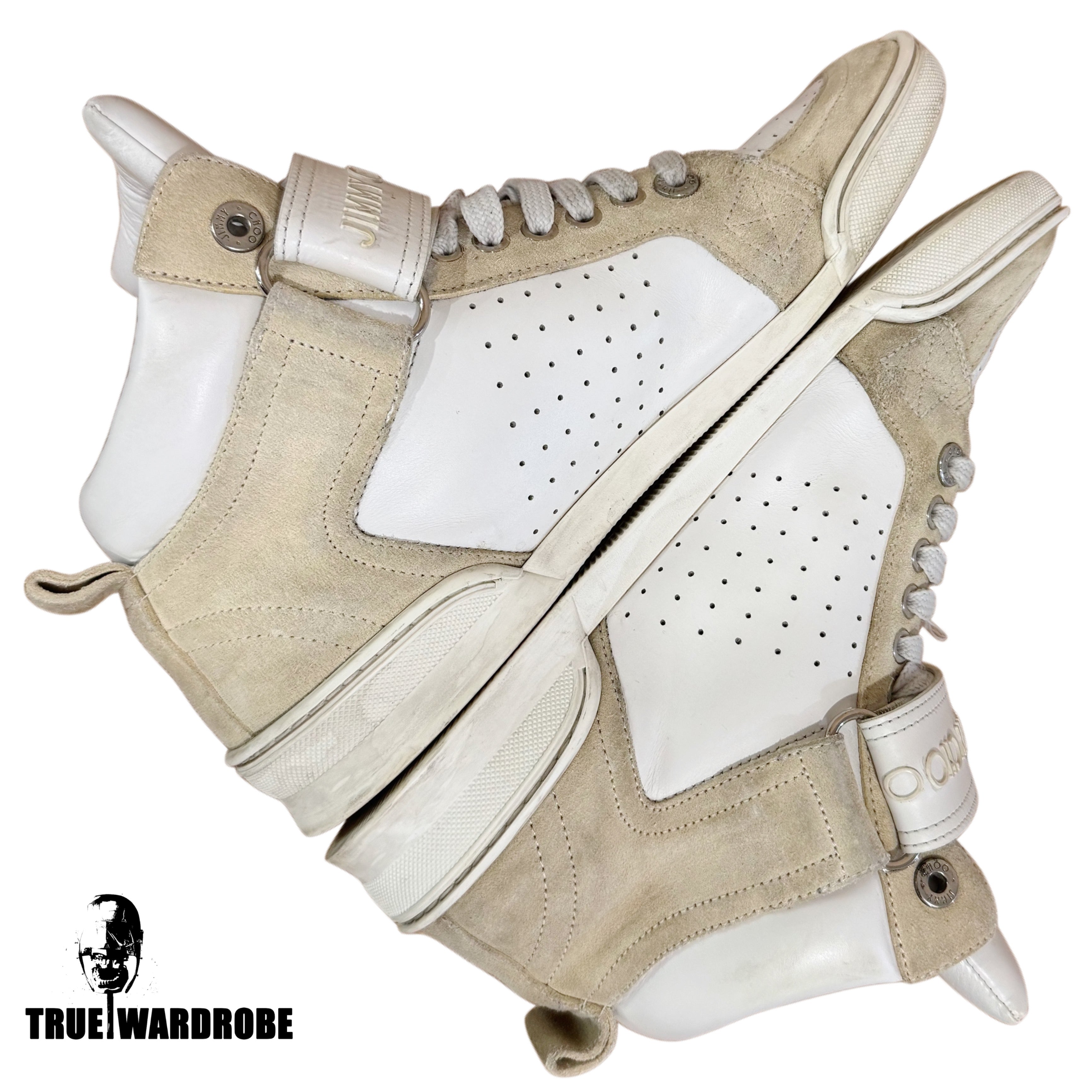 Jimmy Choo Lewis Studded Strap High Top White Leather Sneakers