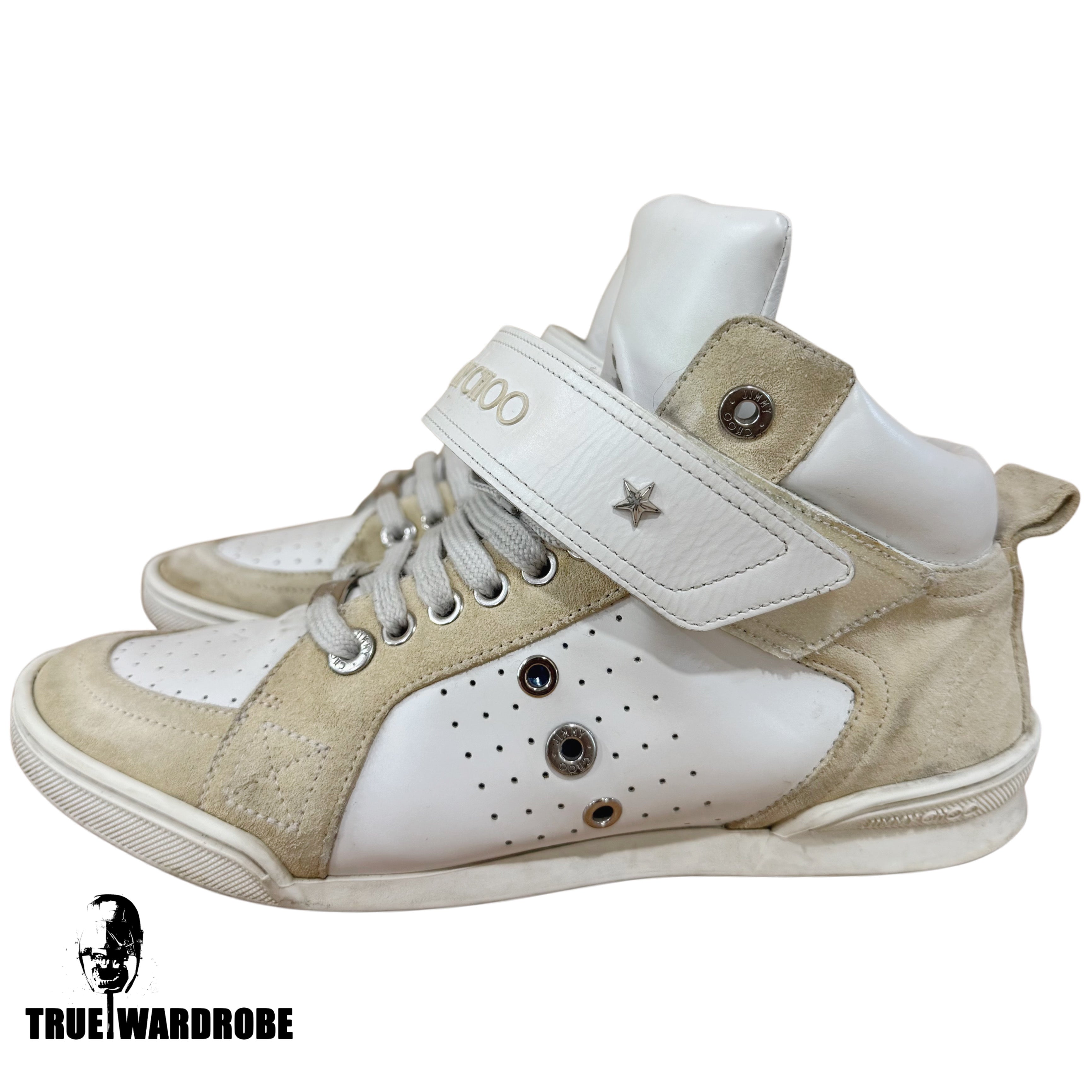 Jimmy Choo Lewis Studded Strap High Top White Leather Sneakers