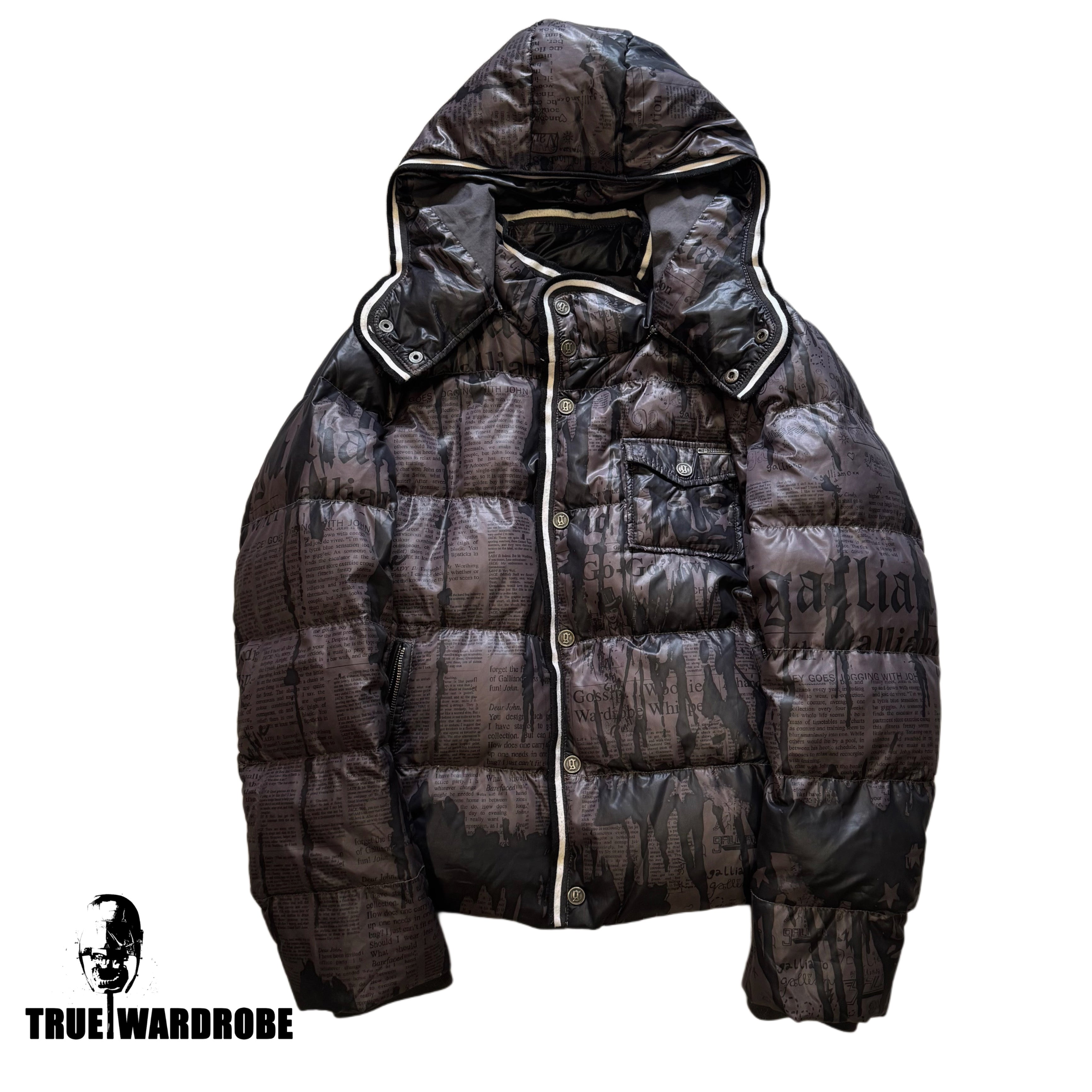 John Galliano Newspaper Printed Brown Down Puffer Jacket