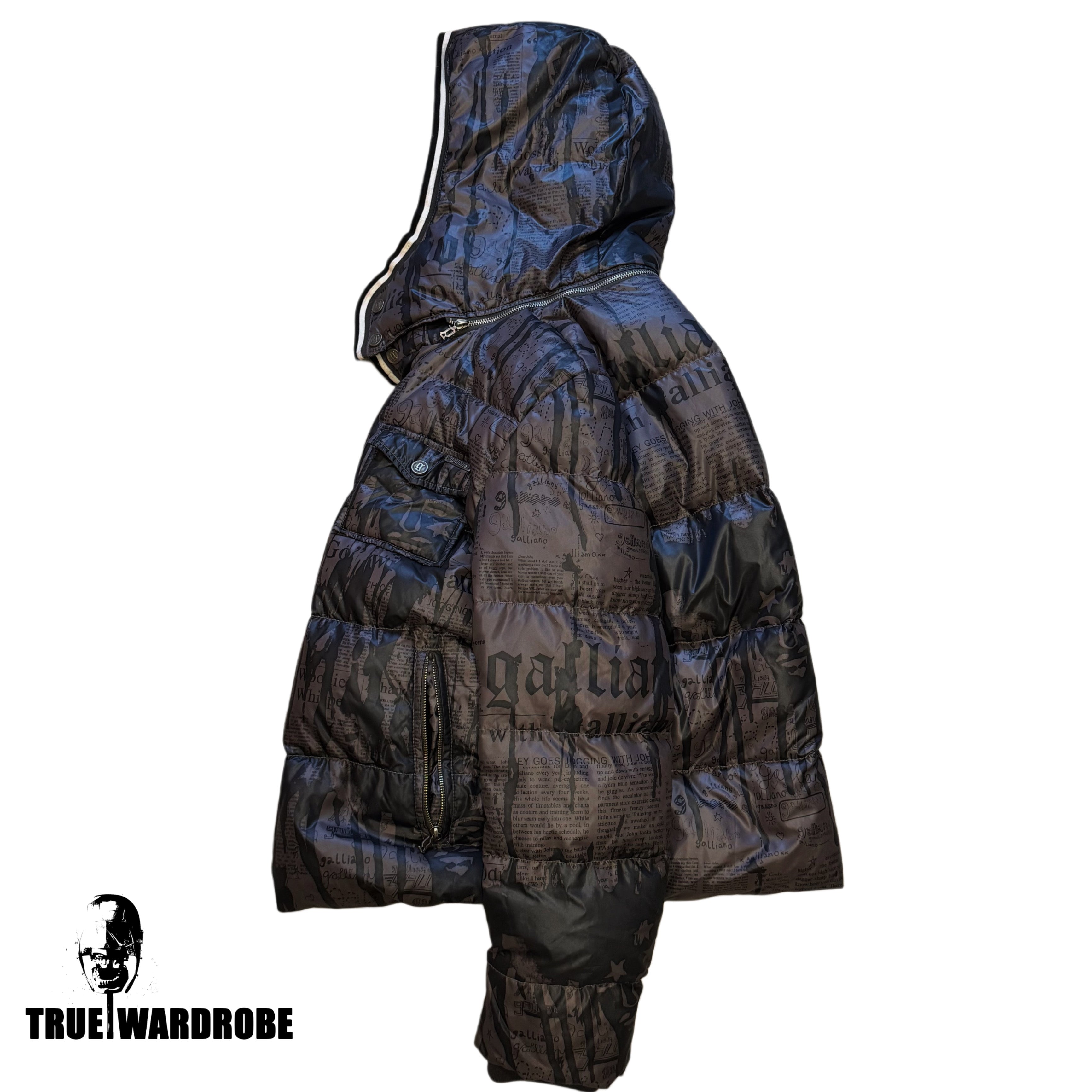 John Galliano Newspaper Printed Brown Down Puffer Jacket