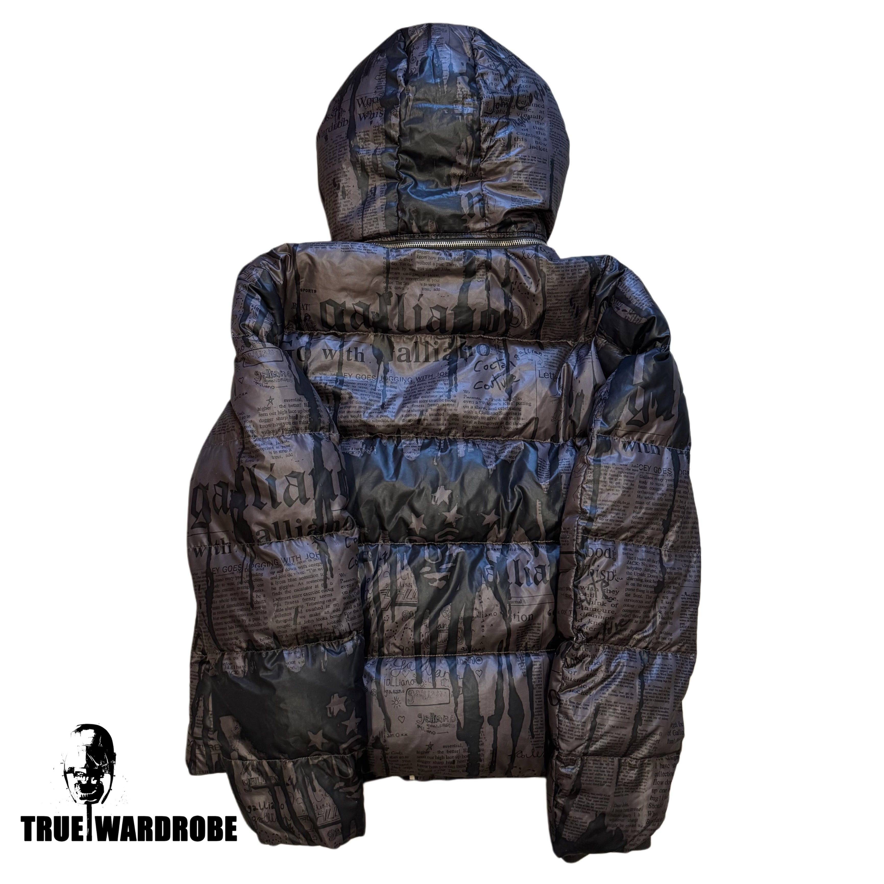 John Galliano Newspaper Printed Brown Down Puffer Jacket