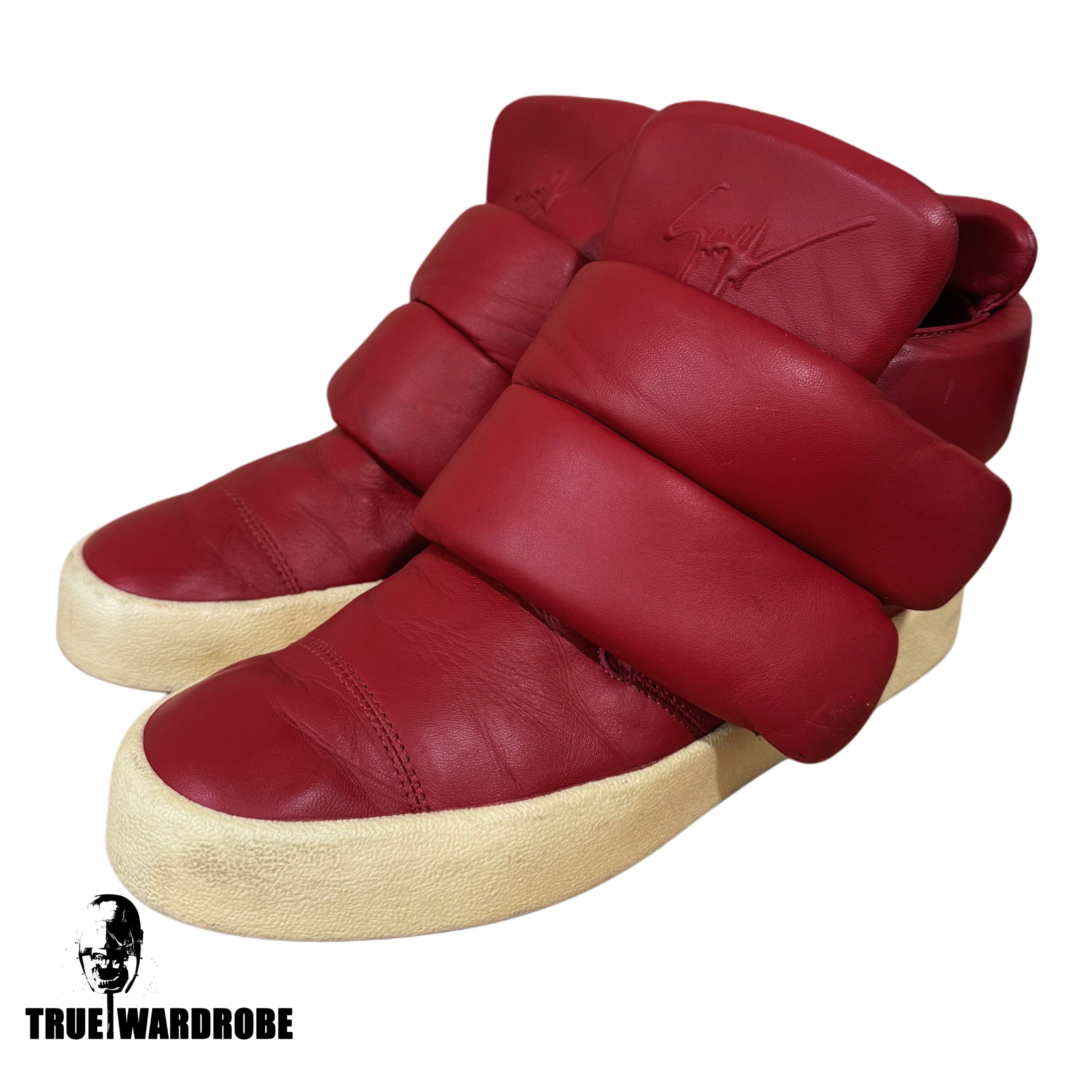 SS15 Giuseppe Zanotti X Kid Cudi Double Velcro Strap Red Leather High Top Sneakers