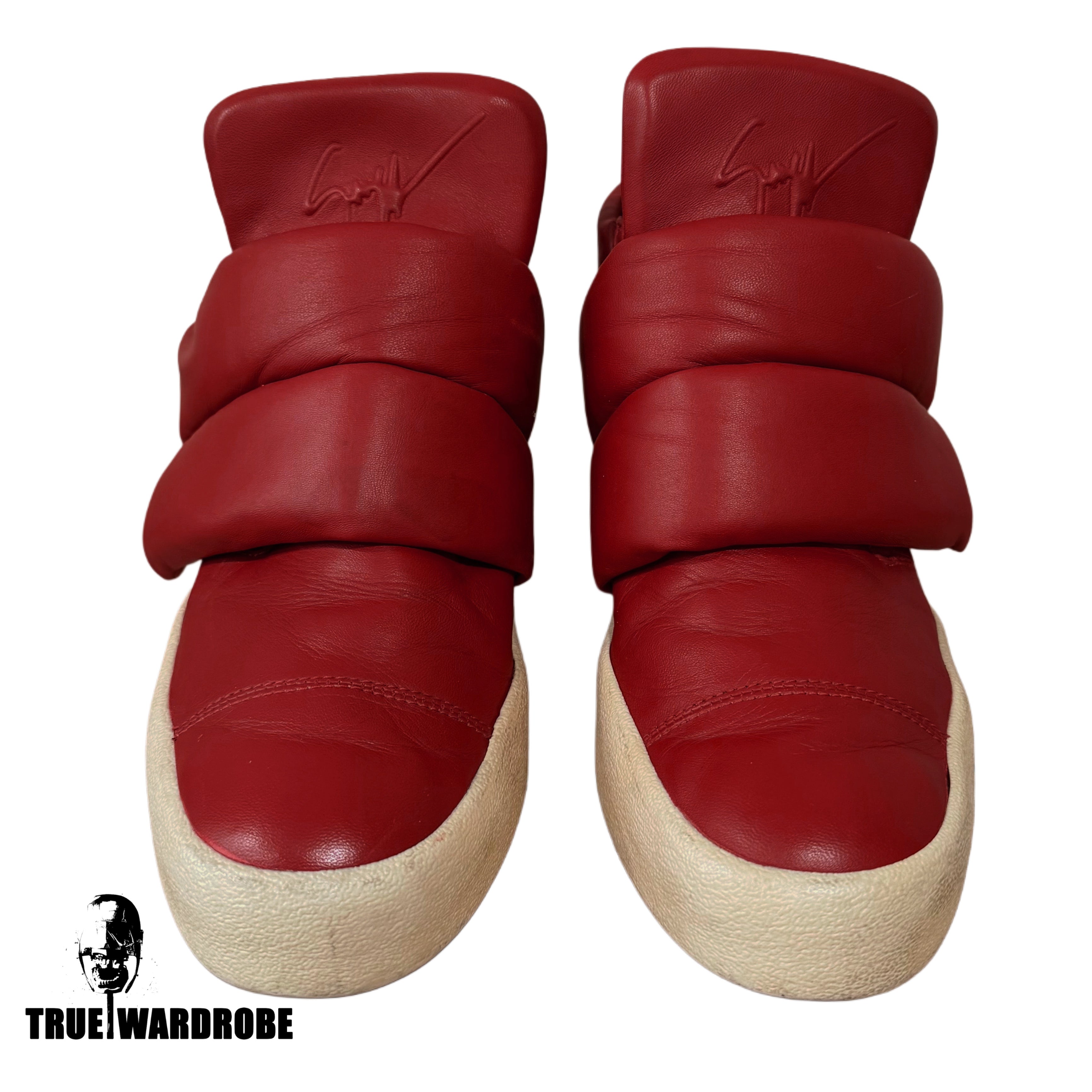 SS15 Giuseppe Zanotti X Kid Cudi Double Velcro Strap Red Leather High Top Sneakers
