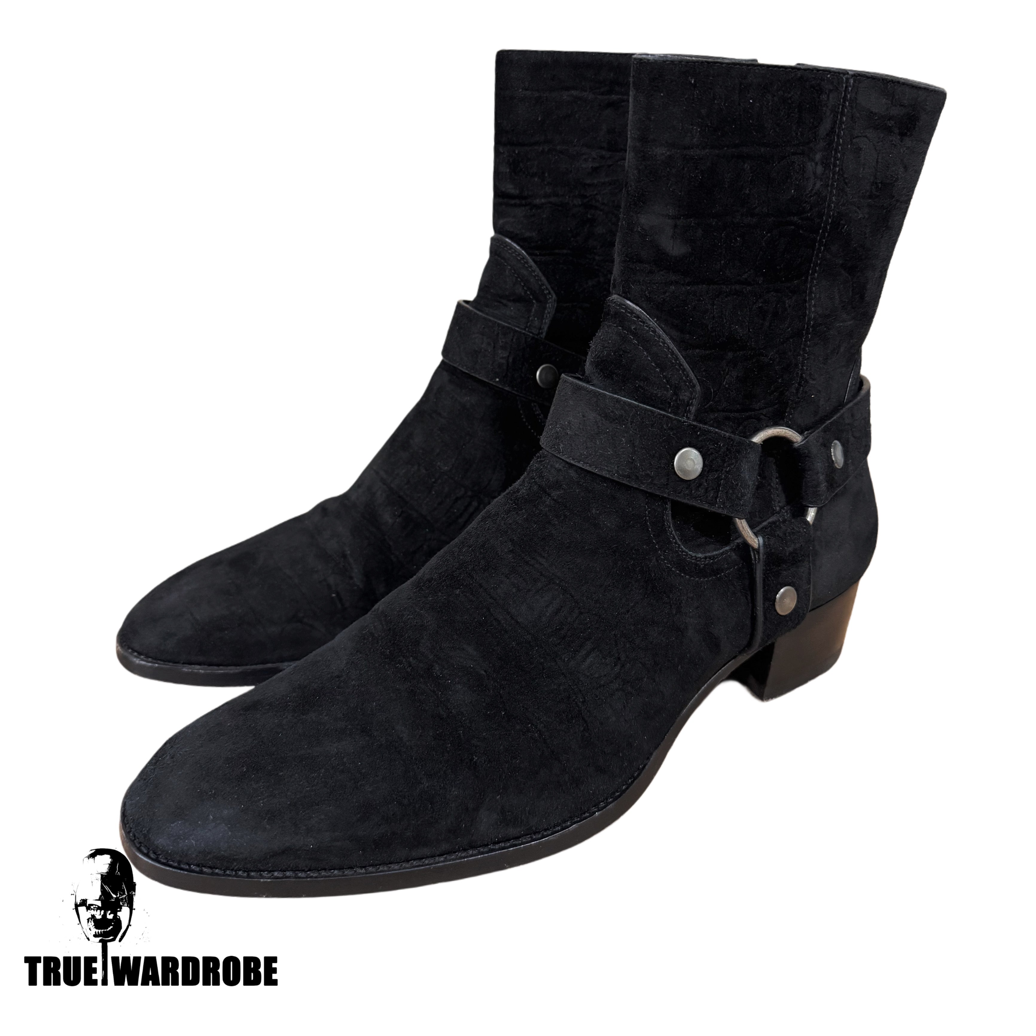 Saint Laurent Wyatt Harness Suede Crocodile Embossed Black Boots