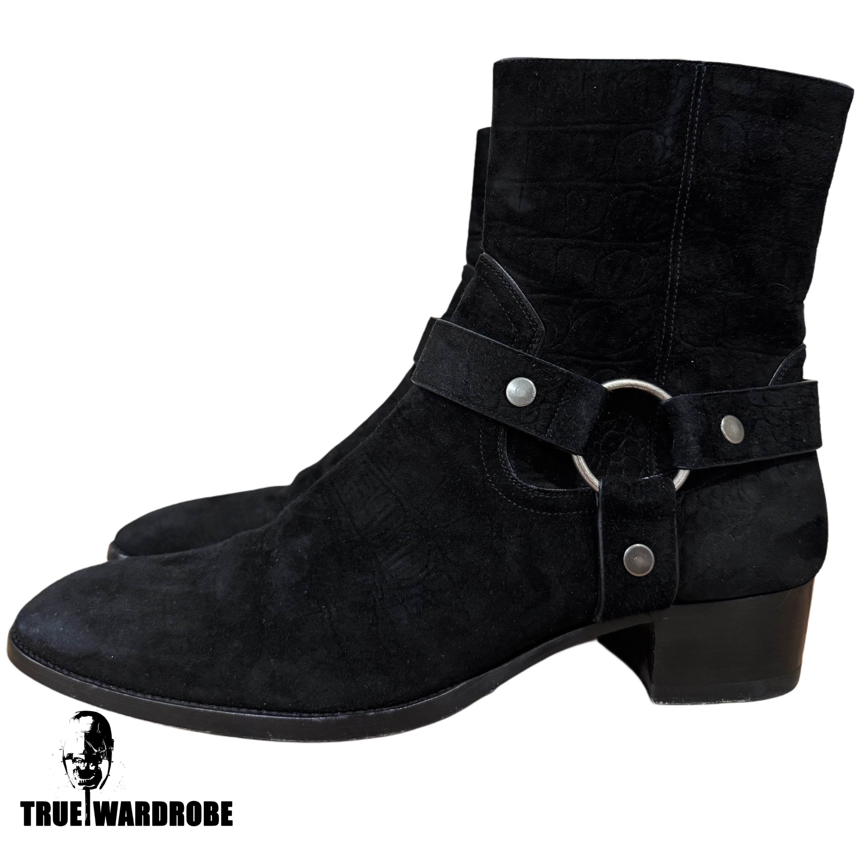 Saint Laurent Wyatt Harness Suede Crocodile Embossed Black Boots