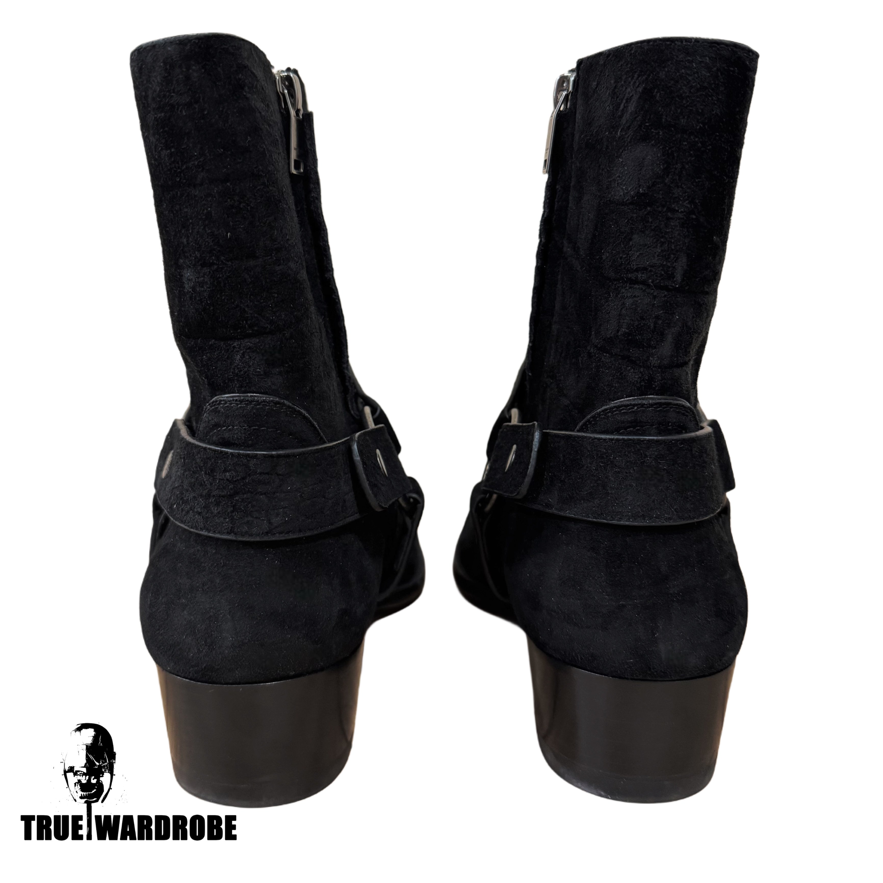 Saint Laurent Wyatt Harness Suede Crocodile Embossed Black Boots