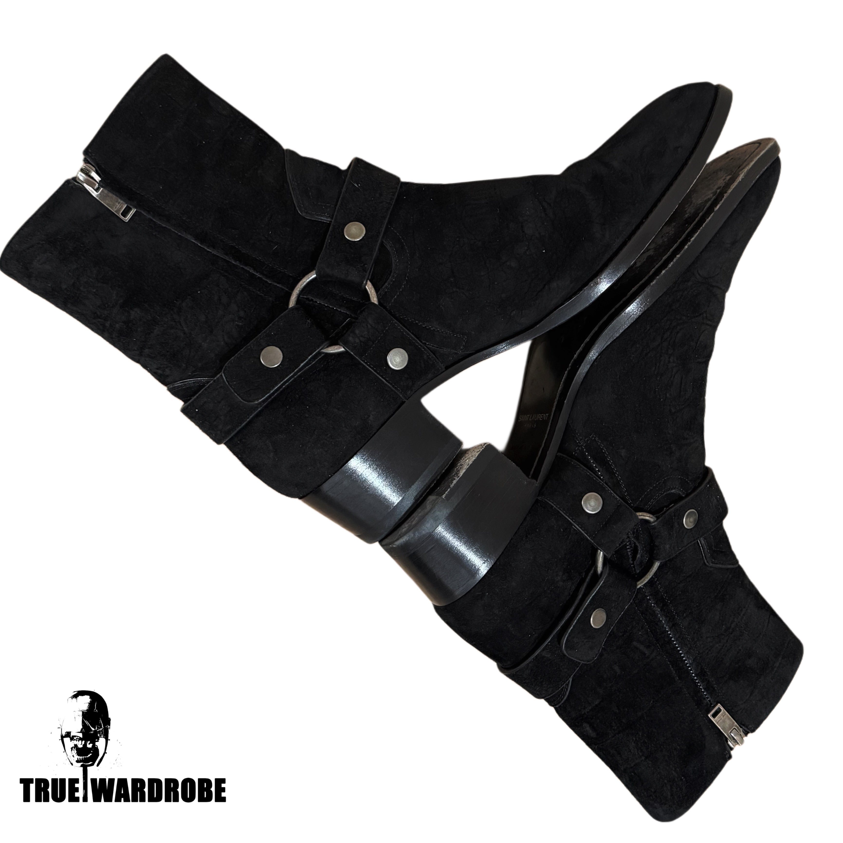 Saint Laurent Wyatt Harness Suede Crocodile Embossed Black Boots