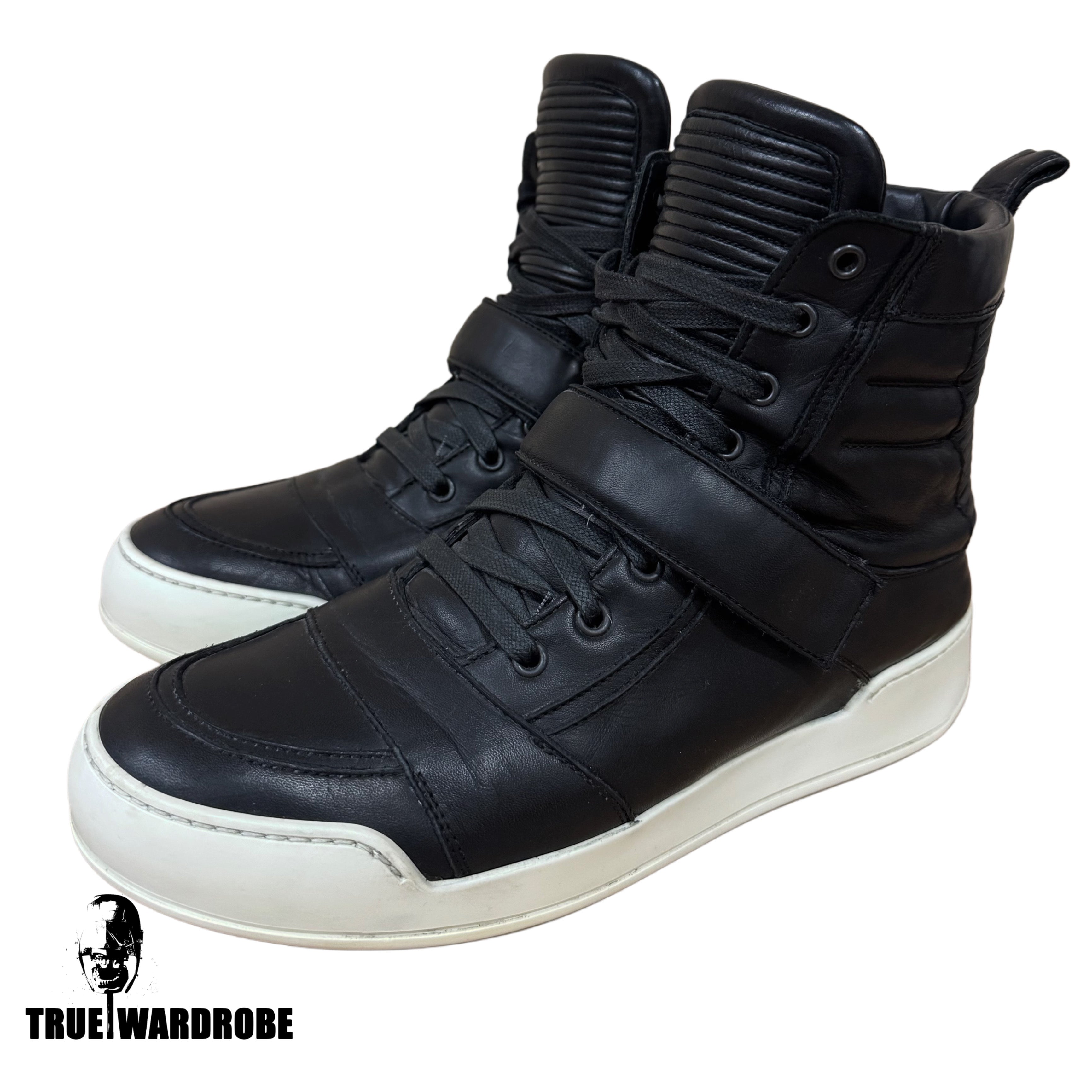 2014 Balmain Velcro Strap High Top Leather Black Sneakers