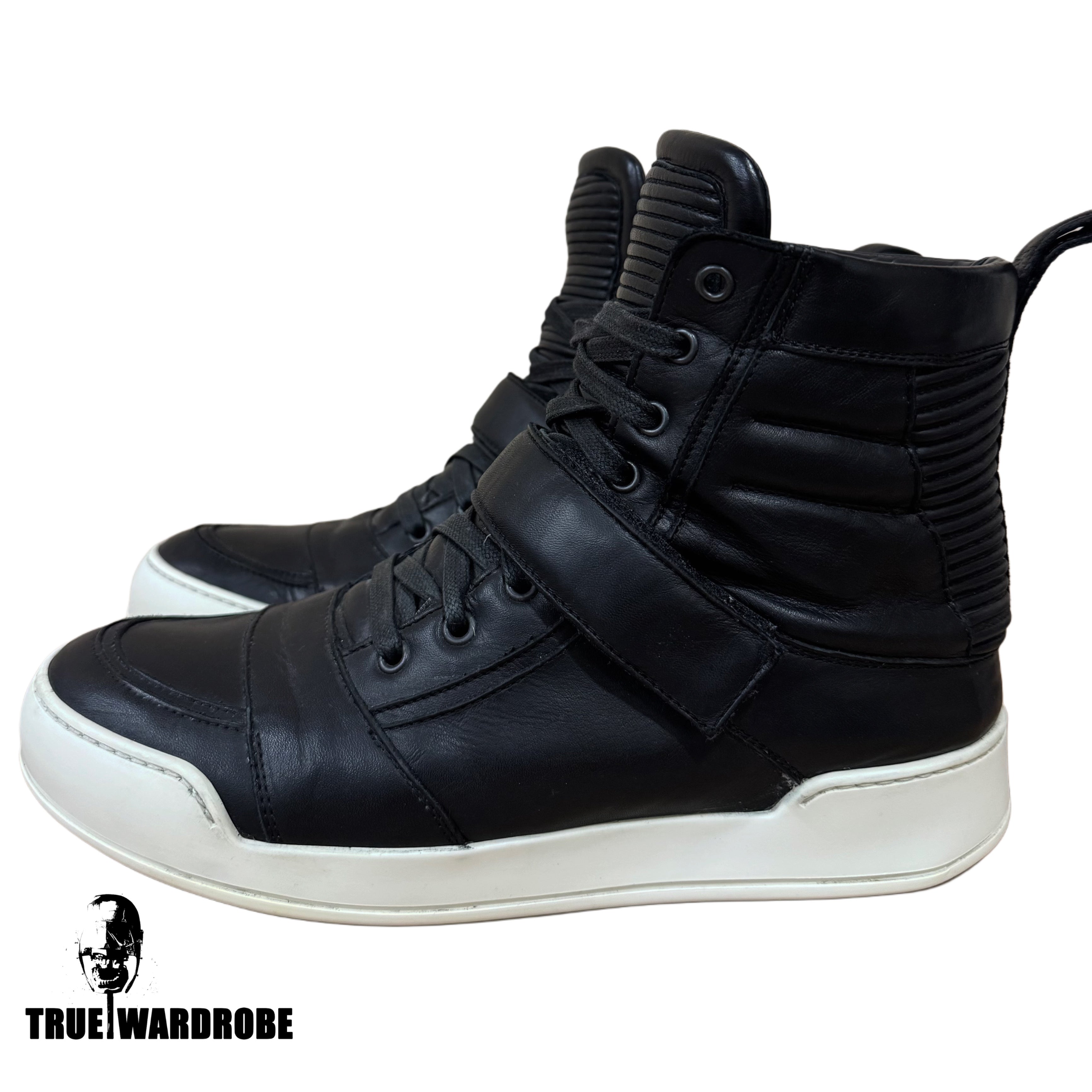 2014 Balmain Velcro Strap High Top Leather Black Sneakers