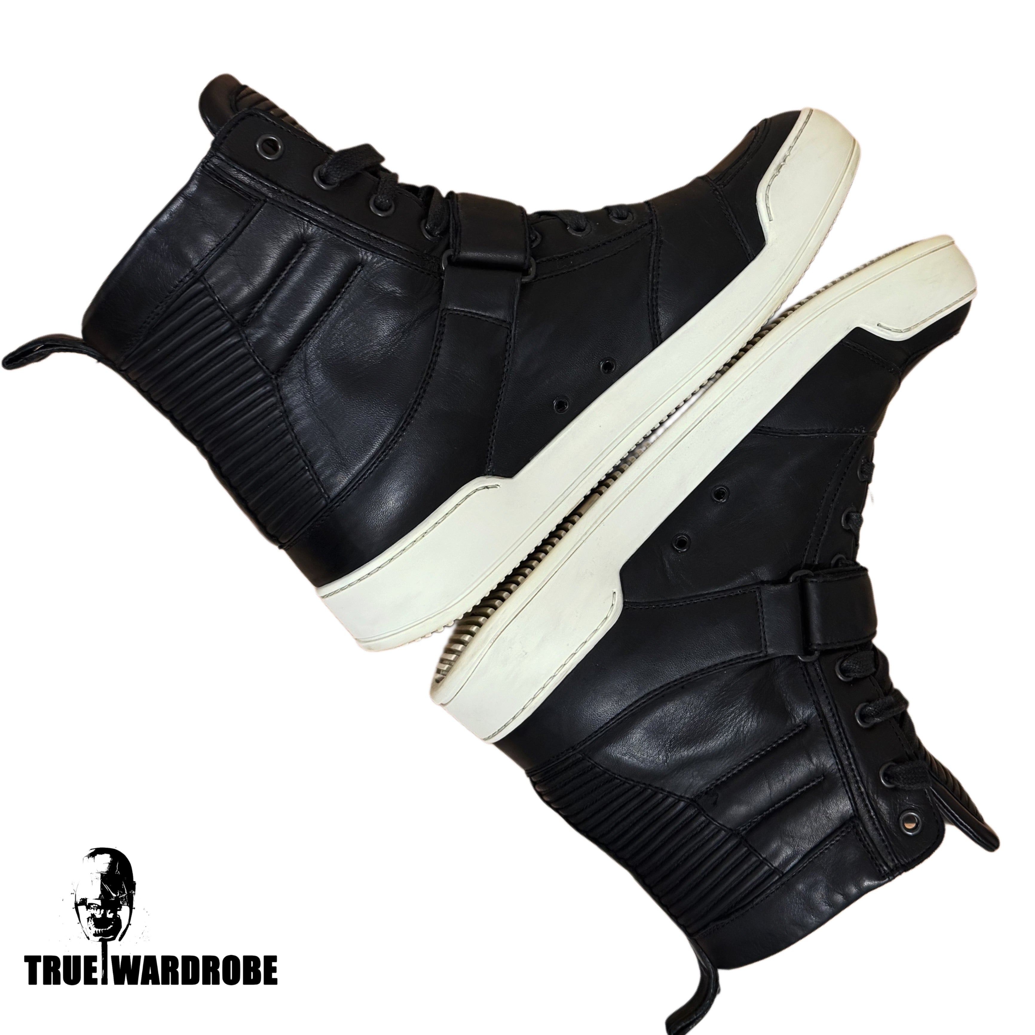 2014 Balmain Velcro Strap High Top Leather Black Sneakers
