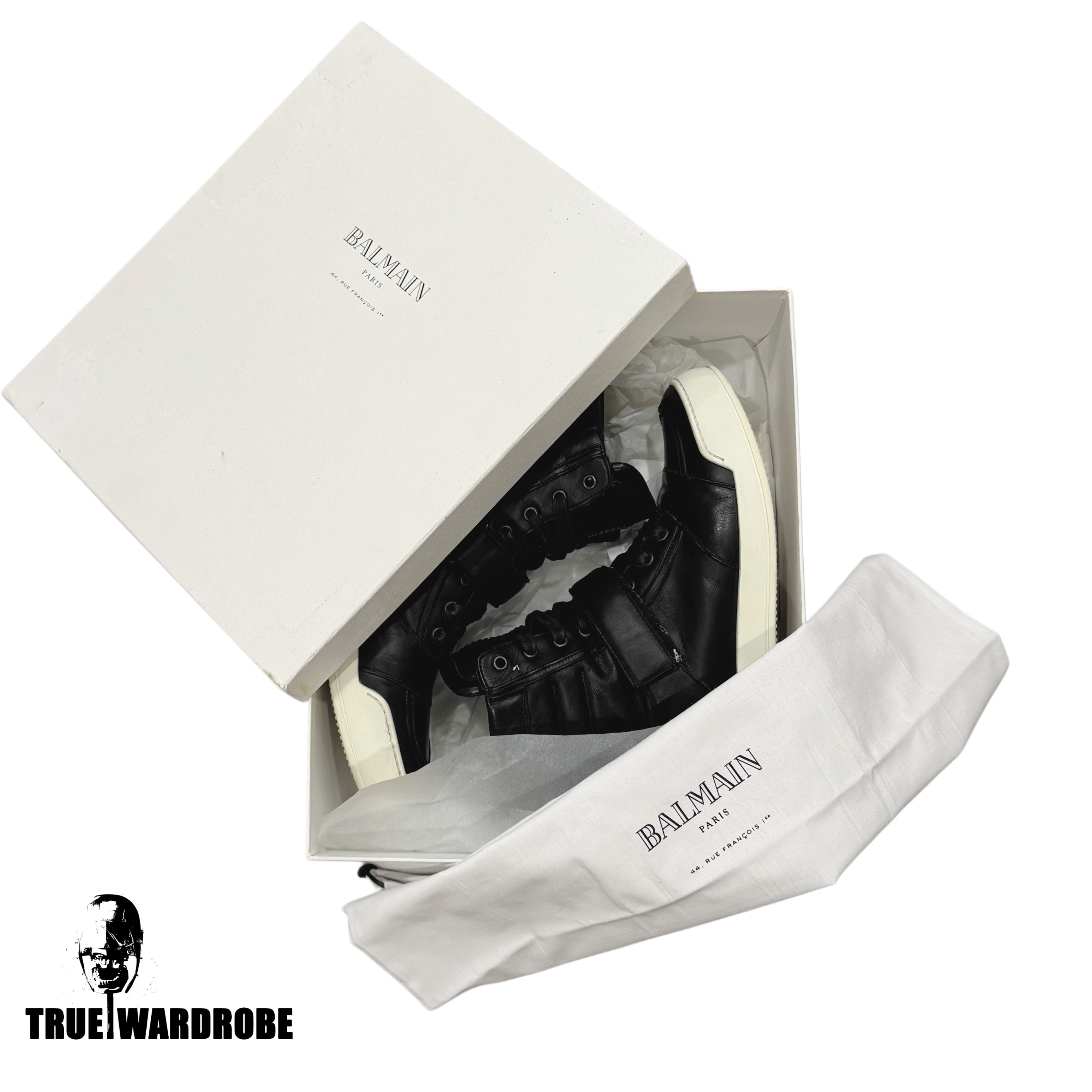 2014 Balmain Velcro Strap High Top Leather Black Sneakers